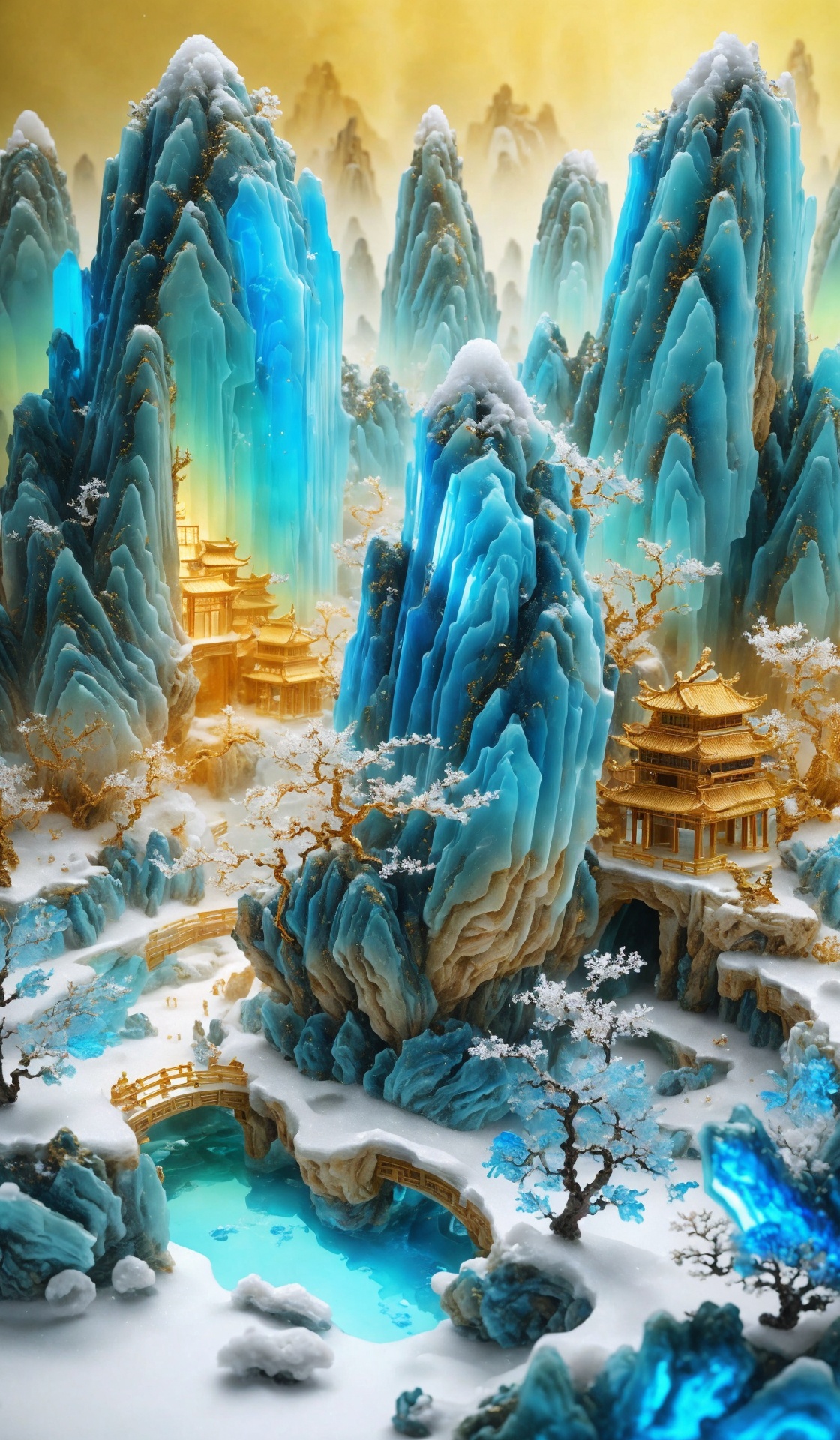 Miniature landscape, (bird's eye view: 1.2), Chinese Tang Dynasty landscape painting, Zen aesthetics, Zen composition, Chinese architectural complex, transparent quartz crystal, X-ray crystallography, colored glaze, snow, luminescence, cyan light, ice silk fiber, macro lens, rich light, luminous mountains, mountains, clouds, depth of field, extreme details, incomparable details, film special effects, lifelike, 3D rendering, fine details