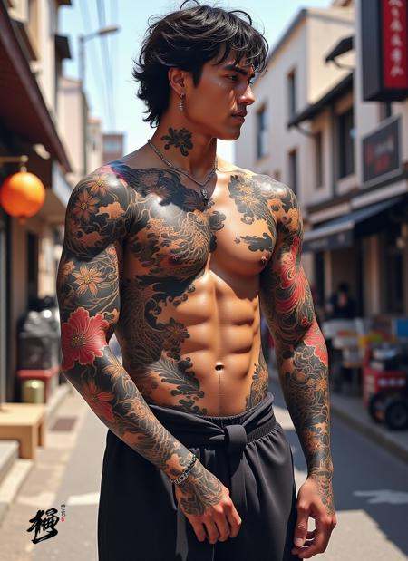 Illustrating a beautiful muscled man with a traditional Japanese style full-sleeve tattoo depicting flourishing cherry blo...