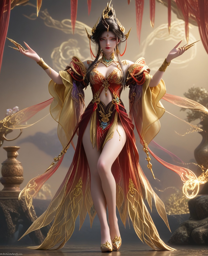 (oriental architecture, elegant decor, sophisticated style:1.1),(Balancing on a narrow surface, arms outstretched, showing gracefulness,:1.1),(breasts:1.2),<lora:永劫无间南宫锦五丰太岁:0.95>,miss nangongjin,orange red corset dress with plum,yellow eyes,eyeshadow,forehead mark,black hair,traditional chinese updo with long front strands,hair ornament,earrings,jewelry,claw ring,wide flowing sleeves,cleavage,high heels,, score_9,score_8_up,score_7_up,score_6_up,score_5_up,score_4_up,3d rendering,tag1,tag2, Cinematic Lighting,backlighting,