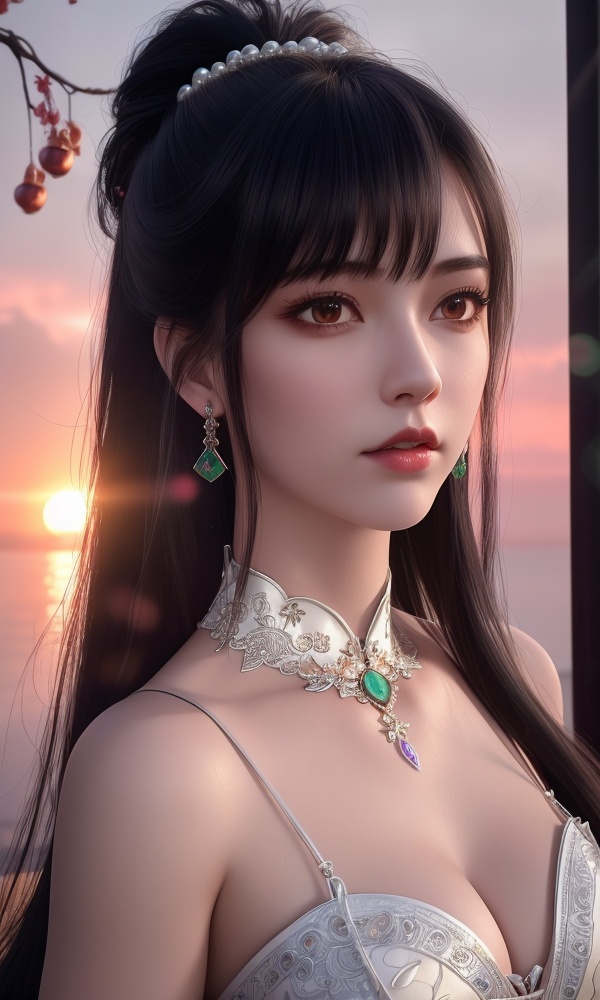 (,1girl, ,best quality, ),looking at viewer, <lora:418-DA-百炼成神-莫雨馨:0.8> ,,ultra detailed 8k cg, ultra detailed background ,ultra realistic 8k cg,          cinematic lighting, cinematic bloom, (( , )),,  , unreal, science fiction,  luxury, jewelry, diamond, pearl, gem, sapphire, ruby, emerald, intricate detail, delicate pattern, charming, alluring, seductive, erotic, enchanting, hair ornament, necklace, earrings, bracelet, armlet,halo,masterpiece, (( , )),, realistic,science fiction,mole,   ,cherry blossoms,,(((Best quality, masterpiece, ultra high res, (photorealistic:1.4), raw photo, 1girl, ,rain, , sunlight, sunset, qianqiu wanxia,     )))  (cleavage), (),