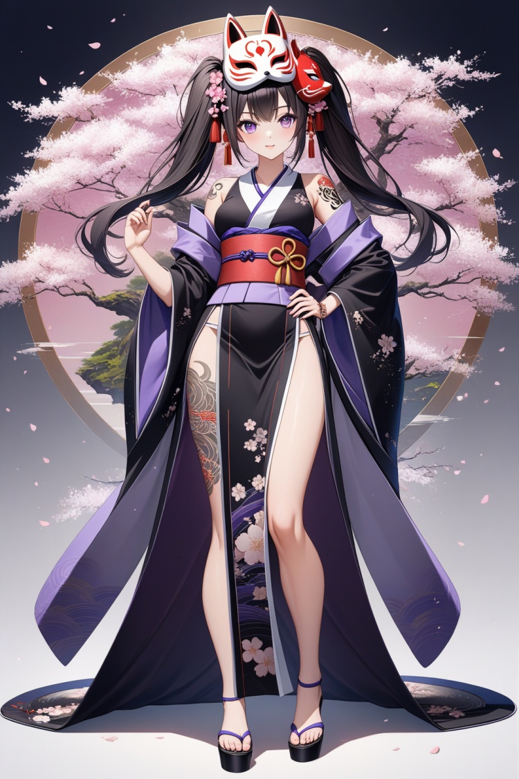 8k, best quality, masterpiece, (ultra-detailed:1.1), (high detailed skin),(full body:1.3), standing, looking at viewer, (solo:1.4), hand on hip, huahuo, 1girl, single_glove, mask on head, sash, black hair, twintails, purple eyes, obi, fox mask, single glove, japanese clothes, Cherry blossom tattoo, chest tattoo,(beautiful_face), ((intricate_detail)), clear face,((finely_detailed)), fine_fabric_emphasis,((glossy)), full_shot,