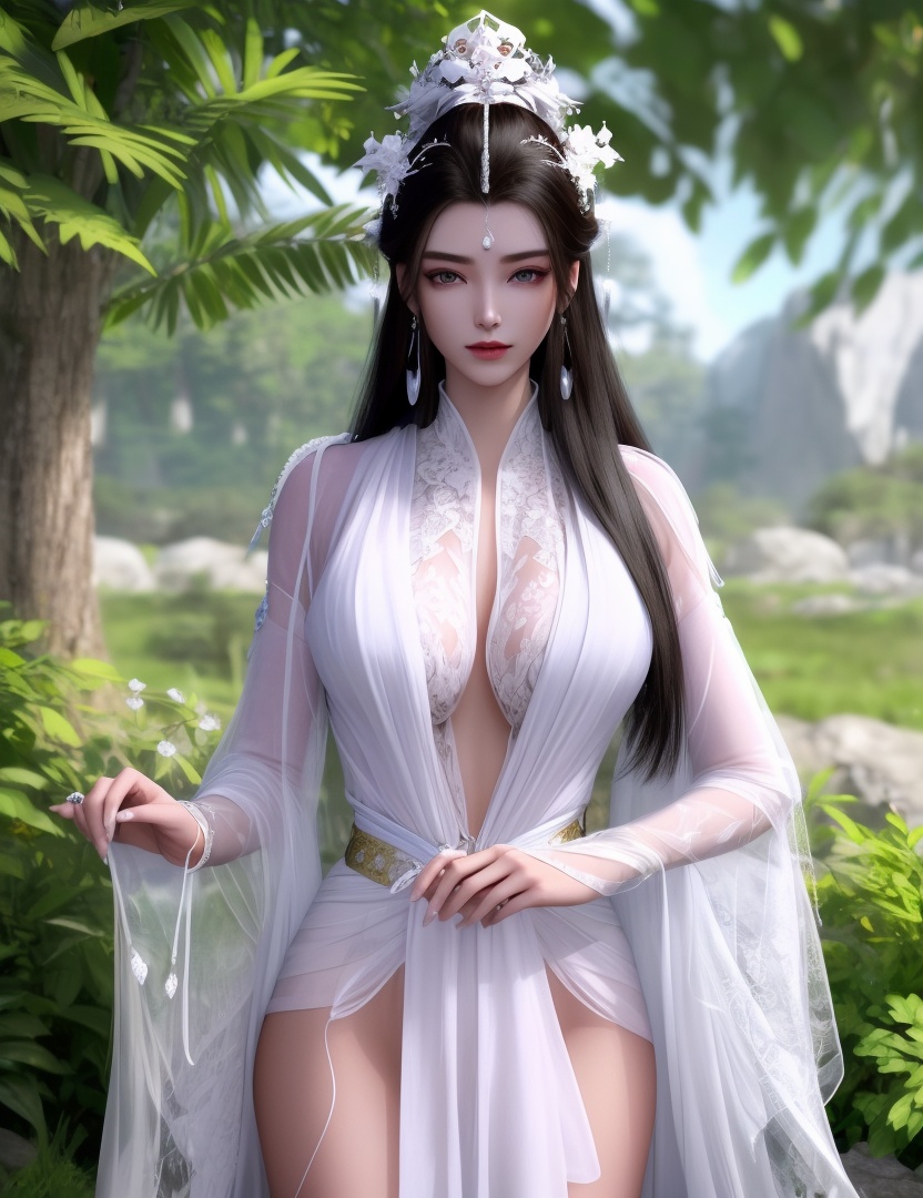 ultra realistic 8k cg, picture-perfect face, flawless, clean, masterpiece, professional artwork, famous artwork, cinematic lighting, cinematic bloom, perfect face, beautiful face, beautiful eyes, ((perfect female body, narrow waist)),fantasy, dreamlike, unreal, science fiction, huge breasts, beautiful clothes, lace, lace trim, lace-trimmed legwear, absurdly long hair, very long hair, (rich:1.4), prestige, luxury, jewelry, diamond, gold, pearl, gem, sapphire, ruby, emerald, intricate detail, delicate pattern, charming, alluring, seductive, erotic, enchanting, hair ornament, necklace, earrings, bracelet, armlet,(((((1girl, pov, outdoors,  absurdres, highres, ))))) , (1girl, fur trim, ,depth_of_field, solo, fur_collar, earrings, see-through, looking_at_viewer, hanfu)<lora:DA_YueYao:0.7>