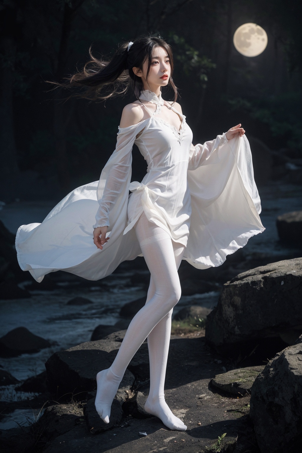 (masterpiece),(full body),(super delicate),(((white pantyhose))),(((nine foxs tails))) (illustration),(extremely delicate and beautiful),(dynamic angle),black highlights,fluttered detailed ink splashs,(legendary wolf Empress:1.3),(1 girl)full moon,chinese armor,fairy,delicate face,(complex details)(beautiful and delicate eyes),golden eyes,Grey hair,messy floating hair,disheveled hair,focus,perfect hands,eyeshadow,red eyeliner,(fantasy style),
