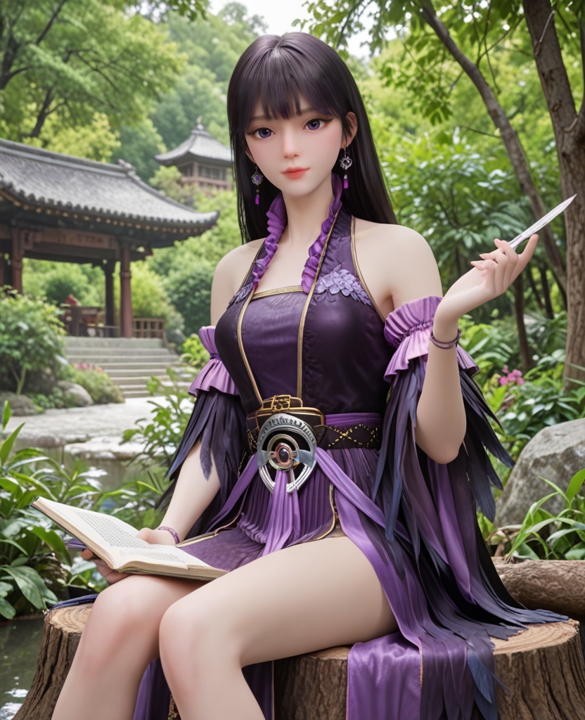 (oriental architecture, elegant decor, sophisticated style:1.1),(Sitting on a tree stump, holding a journal, expressing a moment of creativity and reflection,:1.1),(breasts:1.2),<lora:XL修罗武神大蛋蛋:0.95>,miss dandan,black dress,belt,purple frills,bare shoulders,black hair,bangs,long hair,earrings,detached sleeves,feather trim,pelvic curtain,feathers fart curtain with purple petticoat underneath,bracelet,, score_9,score_8_up,score_7_up,score_6_up,score_5_up,score_4_up,3d rendering,tag1,tag2, Cinematic Lighting,backlighting,