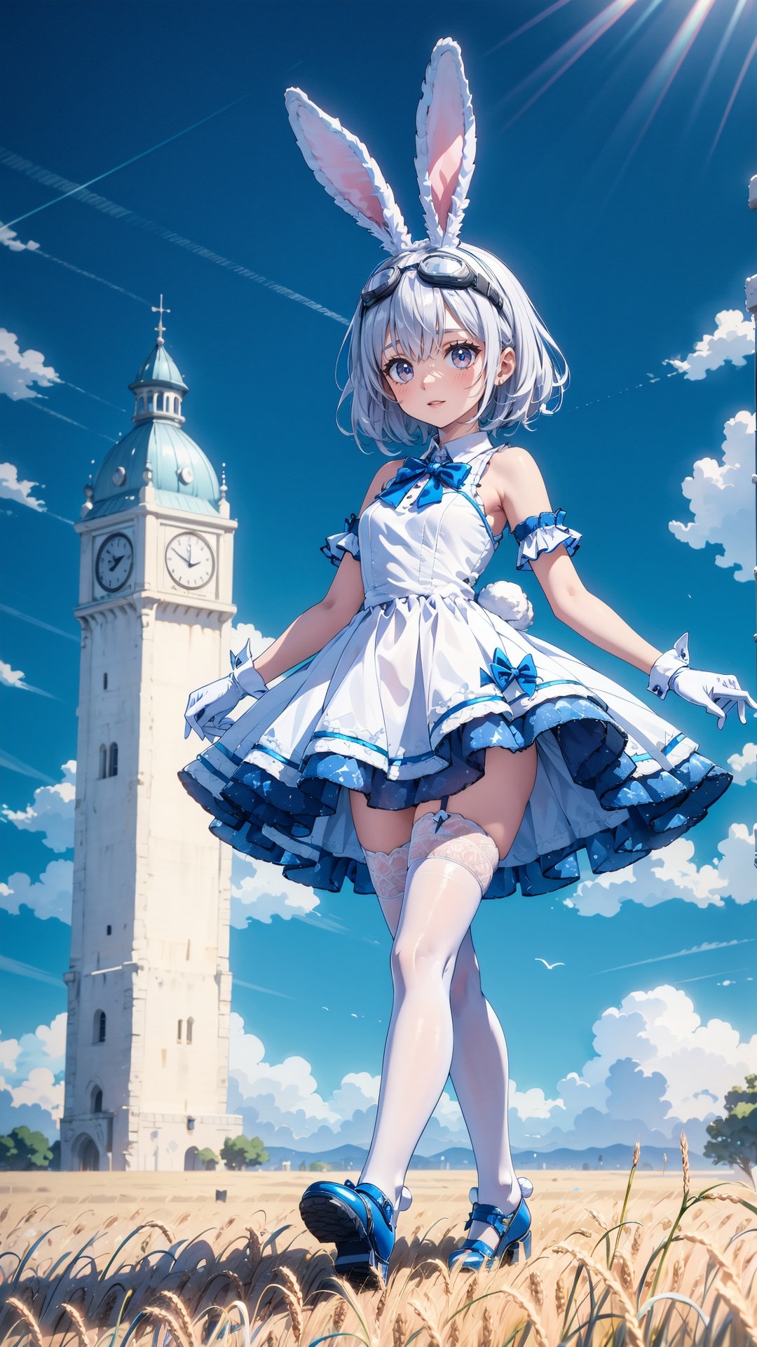 tutututu,1girl,solo,rabbit ears,white dress,white gloves,blue footwear,goggles on head,sleeveless dress,bangs,blue bow,white hair,short hair,white thighhighs,<lora:SY-000010:0.65>,mic,microphone,best quality, masterpiece, beautiful, 1girl, walking, (smiling:0.7), stormy clouds, blue sky, wheat field,  cinematic lighting