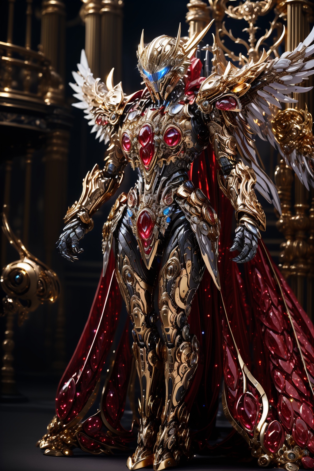hjyzbrobot,big robo wings,mecha,(Raise legs high:1.2),robot sleek and smooth helmet,gold,glowing gold armor,masterpiece,best quality,(highly detailed),1girl,long hair,white hair,cyborg,(full body:1.2),day light,bright light,wide angle,shining sparks,dancing,<lora:hjyzbrobot-000007:0.7>,<lora:hjyzb-000007:0.4>,<lora:hjyrobo5-000010:0.5>,(((ruby))),