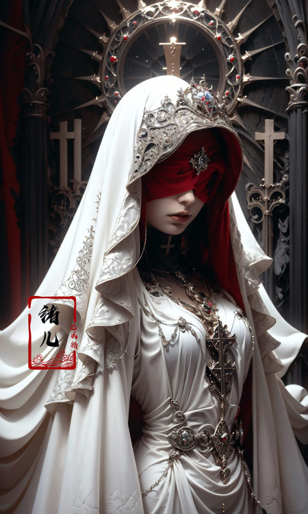 the goddess by shadrach jaroshelev, in the style of gothic futurism, dark white and light red, hyper-detailed illustrations, uhd image, Gorgeous costume details, intricate costumes, (cathedral:1.6)，(beautiful and clear background:1.4),(Transparent blindfold:1.1),  (coif:1.3),<lora:绪儿-修女头巾coif:0.9>