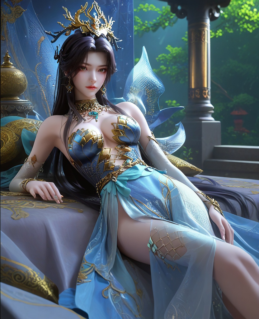 (oriental architecture, elegant decor, sophisticated style:1.1),(Lying with legs turned to one side,:1.1),Directly from the front, capturing the full face and expression,(large breasts:1.2),shoes,<lora:XL16云深不知梦羲和罄水珠:0.95>,miss xihe,blue corset tiered gown,mole under left eye,black hair,traditional chinese updo with long front strands,absurdly long hair,hair ornament,jewelry,elbow gloves,bracelet,bare shoulders,, score_9,score_8_up,score_7_up,score_6_up,score_5_up,score_4_up,3d rendering,tag1,tag2, Cinematic Lighting,backlighting,