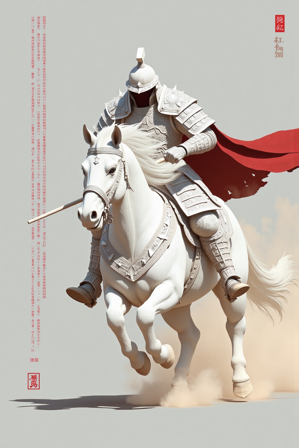 beijihui,a detailed illustration of a warrior on a white horse. The warrior, dressed in a white armor, is adorned with a helmet and a red cape. The horse's mane is flowing in the wind, adding a touch of movement to the scene. The background is a pale gray, and the horse's hooves are kicking up dust. To the left of the image, a text in a foreign language is written in red.