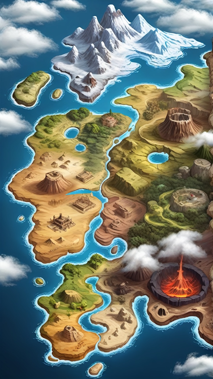 (Super realistic thick paint:1.5) Look down on the magic world map placed on the desktop,volcanoes,glaciers,swamps,storms,deserts,pirate Island,deep forest,abyss,Sky City,<lora:sdxl_ditu:0.6>,