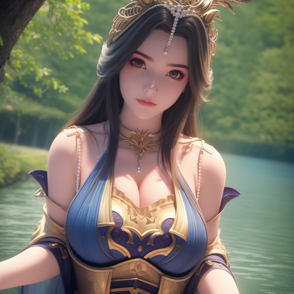 <lora:642-DA-完美世界-龙女:0.8>(,1girl, ,best quality, ),looking at viewer,  ,ultra detailed 8k cg, ultra detailed background,  ,masterpiece, (( , )) , lake,upper body,   (cleavage), (),