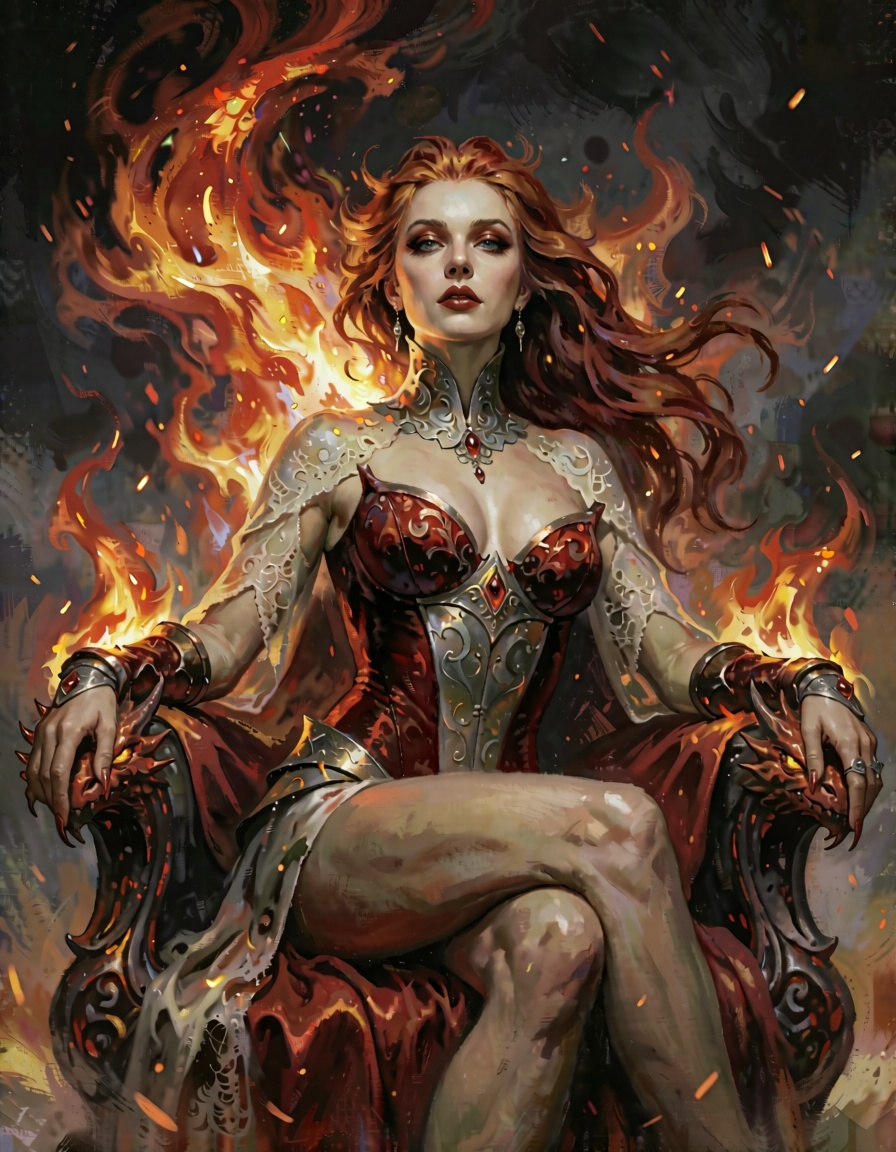 A breathtakingly cinematic and epic fantasy portrait captures an imperious queen of fire seated upon a throne carved from...