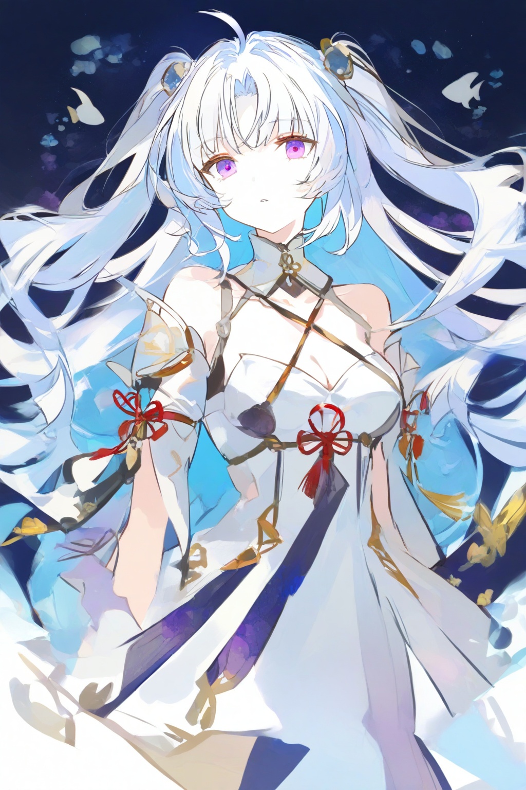 ezu,ezu,1girl,solo,long hair,breasts,looking at viewer,bangs,hair ornament,dress,cleavage,bare shoulders,medium breasts,blue hair,purple eyes,collarbone,upper body,ahoge,white hair,multicolored hair,parted lips,detached sleeves,white dress,two-tone hair,two side up,colored inner hair,