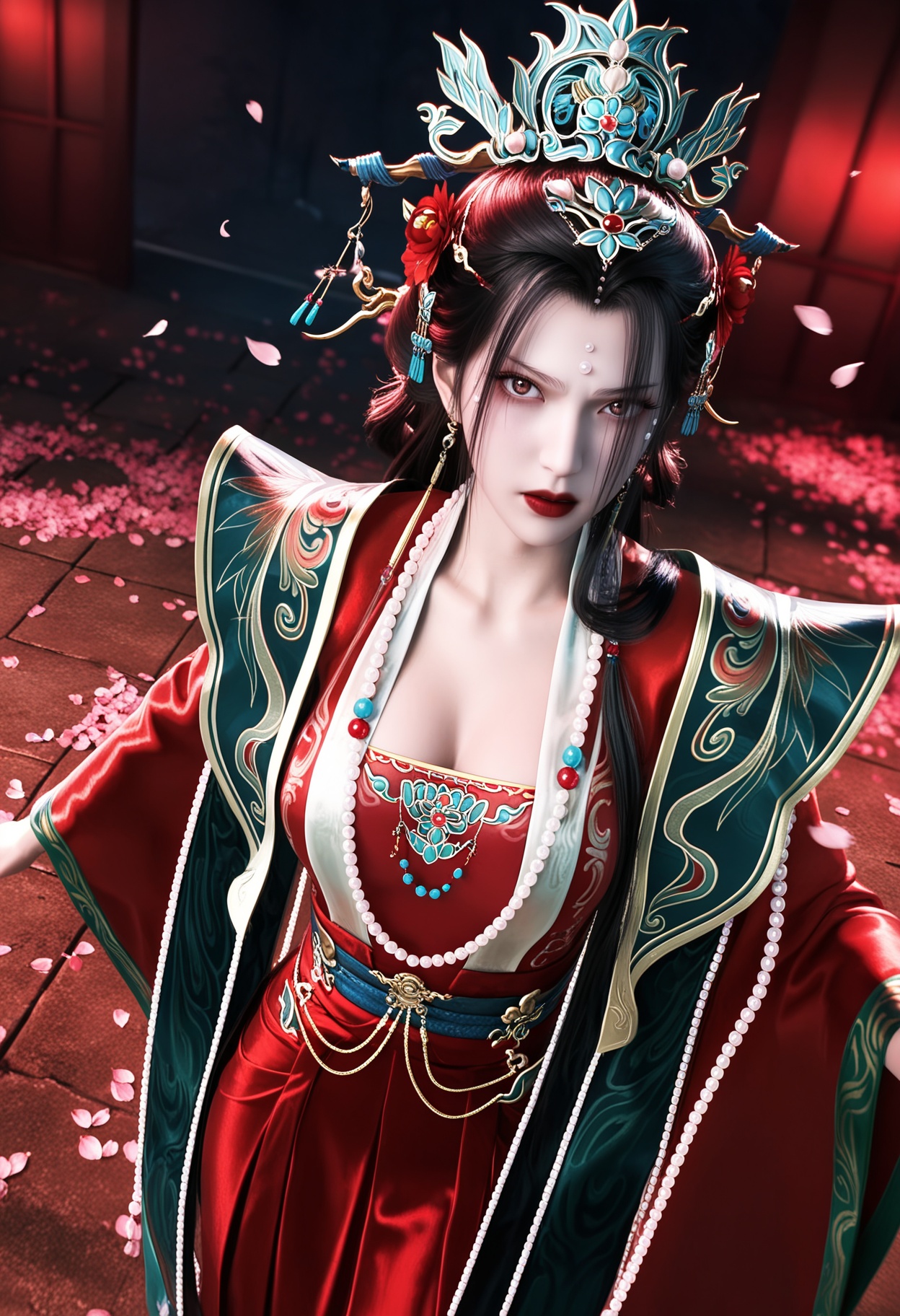masterpiece,best quality,amazing quality,high resolution,ultra-detailed,absurdres,(looking at viewer:1.1),upper body,(Dark room:1.3),(moody lighting:1.1),peach blossom,falling petals BREAK large breasts,chufuren,1girl,solo,hair ornament,jewelry,black hair,long hair,beads,earrings,forehead mark,necklace,red lips,chinese clothes,facial mark,hair flower,dress,bead necklace,red dress,makeup,brown eyes,realistic,lipstick,shoes BREAK photorealistic details,<lora:QQSillchufurenV1:0.8>,