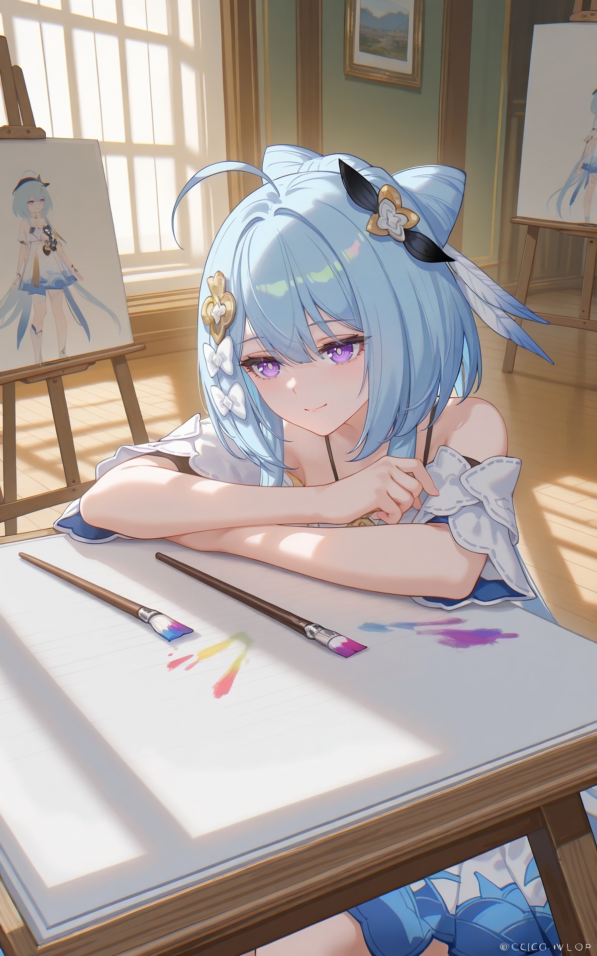 8k,best quality,masterpiece,(ultra-detailed),(high detailed skin),((artist:reoen),(artist:fuzichoco),(artist:atdan),(artist:torino_aqua),year 2024:0.8),[artist:wlop],[artist:ningen_mame],artist:ciloranko,[[artist:rhasta]],artist:tidsean,colorful,<lora:xl-ill-Griseo(Honkai Impact 3)-v1-000010:0.8>,easel,canvas \(object\),still life,griseo:xiamengruhui\(honkai impact 3\),1girl,solo,long hair,hair ornament,ahoge,blue hair,hair between eyes,purple eyes,smile,paintbrush,