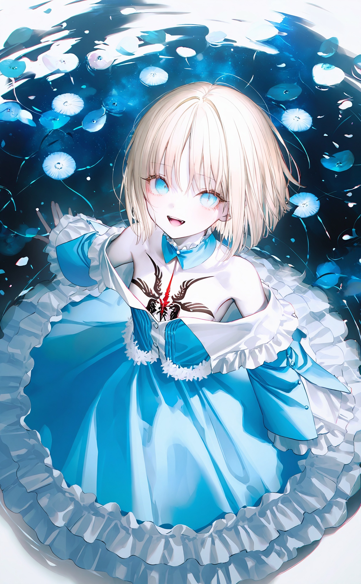 masterpiece,highres,absurdres,newest,best quality,loli,petite,high quality,chromatic_aberration,//,sajou_manaka,solo,blue_eyes,tattoo,dress,blonde_hair,1girl,open_mouth,smile,short_hair,bare_shoulders,chest_tattoo,blue_theme,frilled_dress,pale_skin,frills,blue_dress,off-shoulder_dress,looking_at_viewer,from_above,1boy,//,(rhasta:0.9),Artist:na-ga,(kiwi500g:1.1),[yoggi_(stretchmen)],(quasarcake:0.2),(wanke:0.9),(iumu:0.72),(toosaka asagi:0.4),(Artist:chen bin:0.9),//,<lora:sajou_manaka——【noob】hans:0.88>,