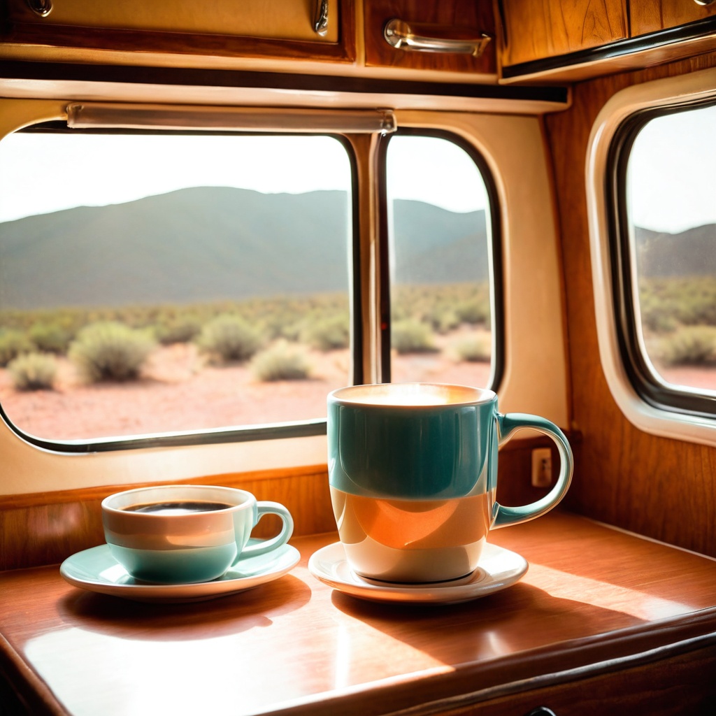 scenevintatrave,  a ceramic coffee mug,  vintage travel trailer interior table on Tensor.Art