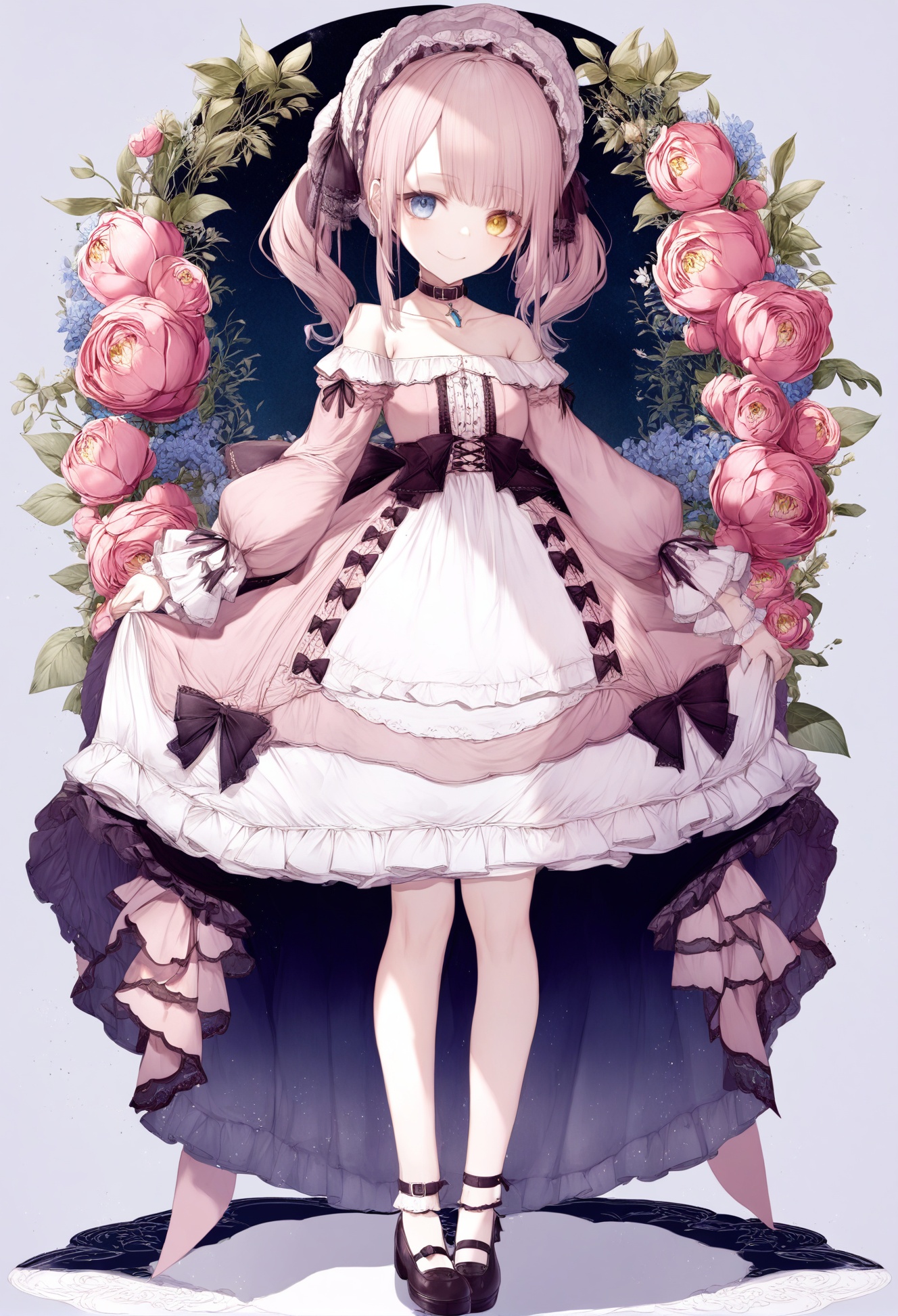 masterpiece, best quality<lora:sd_xl_dpo_lora_v1-128dim:1>,1girl, solo, dress, heterochromia, full body, blue eyes, long sleeves, long hair, smile, bonnet, puffy sleeves, yellow eyes, flower, frills, looking at viewer, floral background, bangs, standing, pink hair, jewelry, white dress, white background, choker, necklace, frilled dress, thigh strap, bare shoulders, watson cross, twintails, shoes, pink dress, lolita fashion, collar, sidelocks, closed mouth  , <lora:hitoimimXLlokr4f-000053:1>