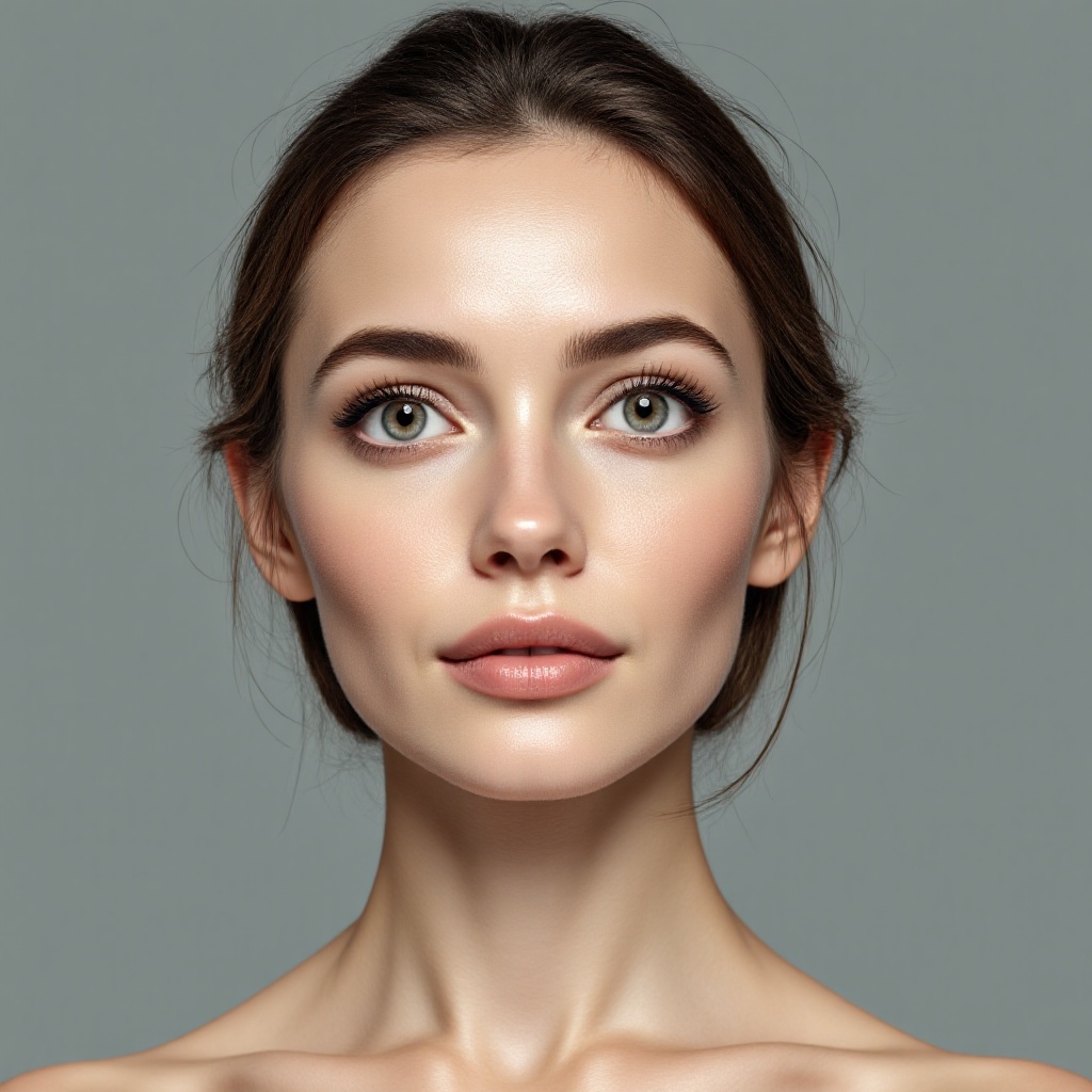 A surreal close-up portrait of a 20-year-old woman looking straight into the camera with a calm and confident expression. Smooth skin,clean skin. The background is neutral and fully focused on her upper body.. ***** in a professional studio using Hasselblad H6D-100c,100mm f/2.2 lens,high-end editing photography,clear details,and soft directional lighting to enhance skin texture.,
