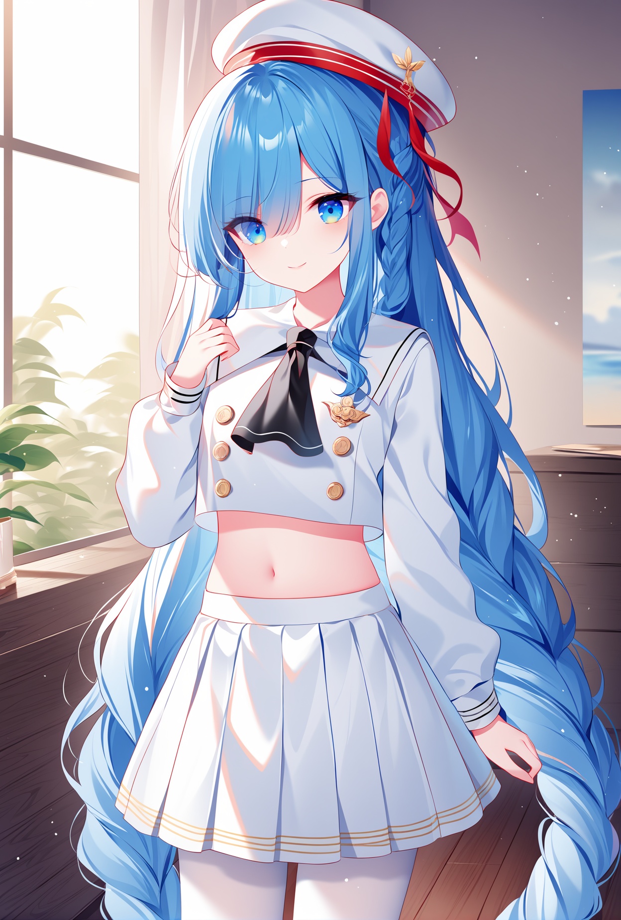 (masterpiece), (best quality), illustration, ultra detailed, hdr, Depth of field, (colorful),[rimuu,][sheya],,[himitsu \(hi mi tsu 2\), ]school uniform, white serafuku, double-breasted,white pantyhose,hat ,crop top, white skirt1girl,  solo, long hair,very long hair, navel, blue hair, blue eyes,eyes visible through hair,single braid,living room,smile,standing, <lora:JanusUniformXLAni3.1:1>