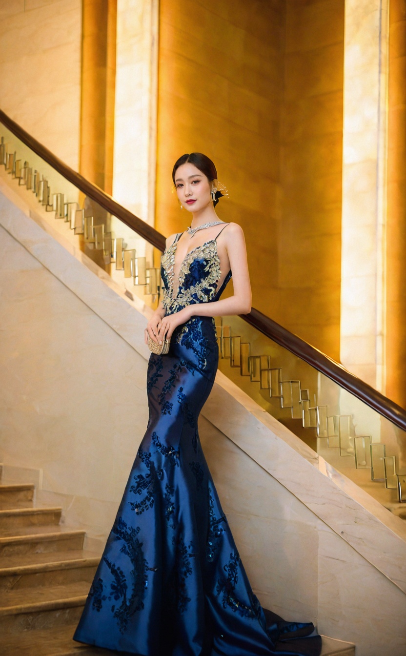 mugglelight,a girl in a sleek evening gown posing on a grand staircase,1girl,solo,evening gown,staircase,elegant,glamour,formalwear,glamorous,(close-up:1.4),(portrait:1.6),(korean girl:1.3),