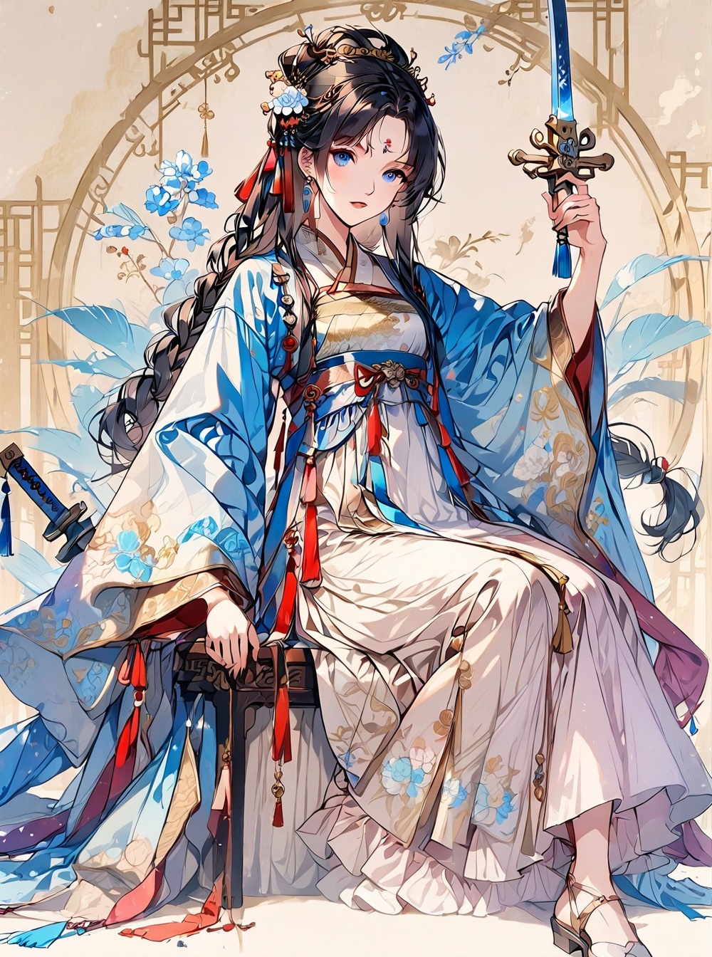 Hanfu,O,1girl, long hair, solo, weapon, black hair, sword, jewelry, sitting, blue eyes, hair ornament, earrings, holding, hanfu, long sleeves, chinese clothes, very long hair, dress, flower, full body, holding weapon, braid, wide sleeves, tassel, parted bangs, holding sword, bangs, sash, parted lips, white dress, forehead mark, hand up, makeup, sheath