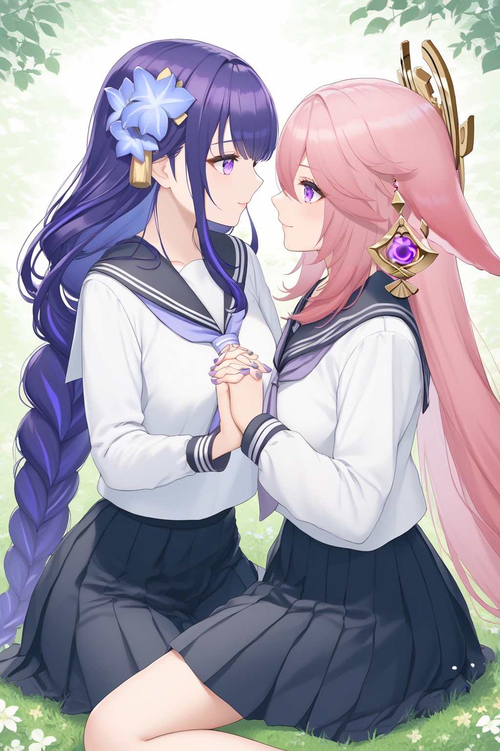 score_9,score_8_up,score_7_up,score_6_up,source_anime,source_cartoon,<lora:Yae MikoTuPONYXL-000008:1>,yae miko,multiple girls,2girls,raiden shogun,skirt,long hair,purple eyes,pink hair,school uniform,purple hair,flower,yuri,hair ornament,fox ears,shirt,sitting,white shirt,serafuku,long sleeves,black skirt,pleated skirt,sailor collar,smile,hair between eyes,holding hands,closed mouth,very long hair,looking at another,alternate costume,grass,purple flower,purple nails,blue flower,neckerchief,