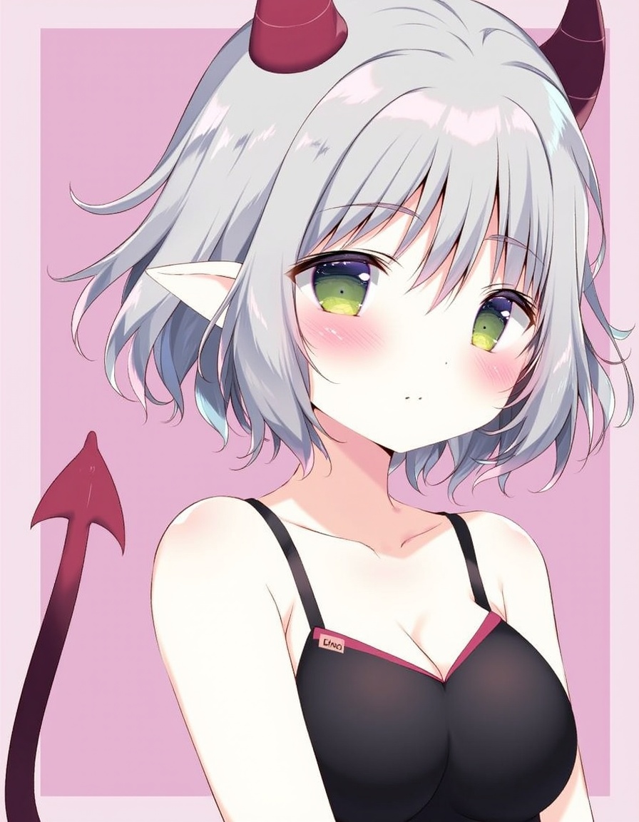shiratama_(shiratamaco), commentary_request, highres, 1girl, aged_up, bare_arms, bare_shoulders, black_one-piece_swimsuit, blush, breasts, cleavage, closed_mouth, collarbone, covered_navel, curled_horns, demon_girl, demon_horns, demon_tail, green_eyes, grey_hair, hair_between_eyes, horns, medium_breasts, name_tag, old_school_swimsuit, one-piece_swimsuit, pointy_ears, school_swimsuit, short_hair, solo, swimsuit, tail, virtual_youtuber, emma_august, nijisanji, year_2021,, <lora:flux-Shiratamaco-000006:1>