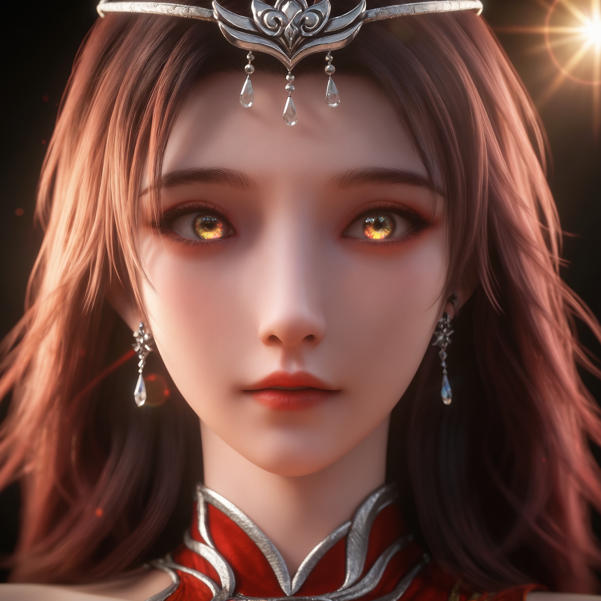 <lora:神墓3-灵尸雨馨Pony:0.7> 1girl,  long hair, brown hair, hair ornament, dress,  jewelry, bare shoulders, earrings, detached sleeves, clothing cutout, bare legs,  red nail polish,red dress, tiara,, realistic style photo,outstanding style,Use soft lighting to cast gentle shadows on the subject,adding a touch of dimension to your images without compromising details,whirls of vapor,(Anime:1.1),soft neon light,ethereal ambiance,delicate details,magical atmosphere,concept art,highly detailed,ultra-high resolution,32K UHD,sharp focus,best-quality,masterpiece,golden hour,unconventional supreme masterpiece,masterful details,temperate atmosphere,with a high-end texture,in the style of fashion photography,magazine style,Dynamic Angle,Dynamic posture,magazine style,Dynamic Angle,Dynamic posture,(cowboy_shot:1.2),eye trail,depth of field,cinematic lighting,lens flare,close-up,extreme aesthetic,(wlop:0.6),(honjou raita,lack,rella,wanke:0.5),masterpiece,best quality,good quality,newest,year 2025,very aesthetic,absurdres,Visual impact,A shot with tension,ultra-high resolution,32K UHD,sharp focus,best-quality,masterpiece,Emotionalization,unconventional supreme masterpiece,masterful details,temperate atmosphere,with a high-end texture,in the style of fashion photography,(Visual impact:1.2),giving the poster a dynamic and visually striking appearance,, solo,upper body,looking at viewer,gradient background,gradient,blue background,black background,
