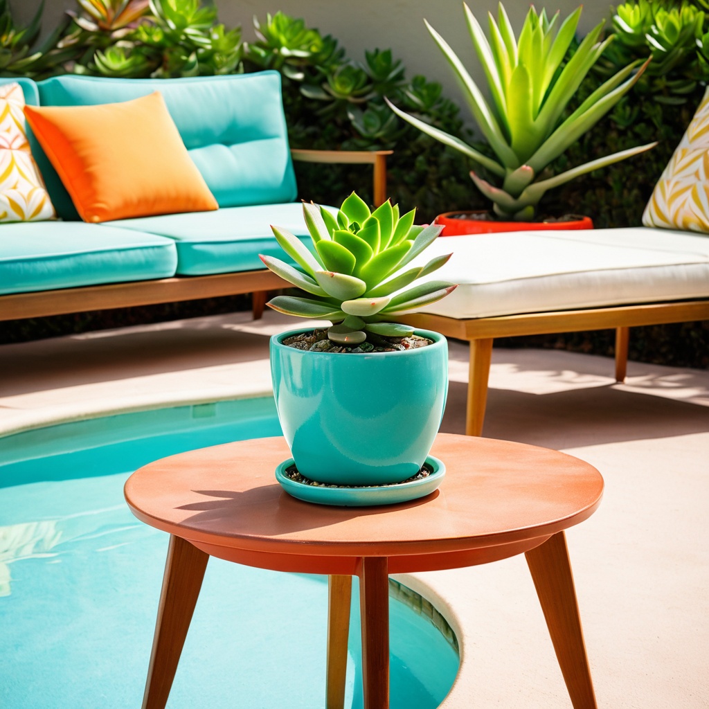 scenemidcepools,  a small potted succulent,  mid-century poolside cabana table on Tensor.Art