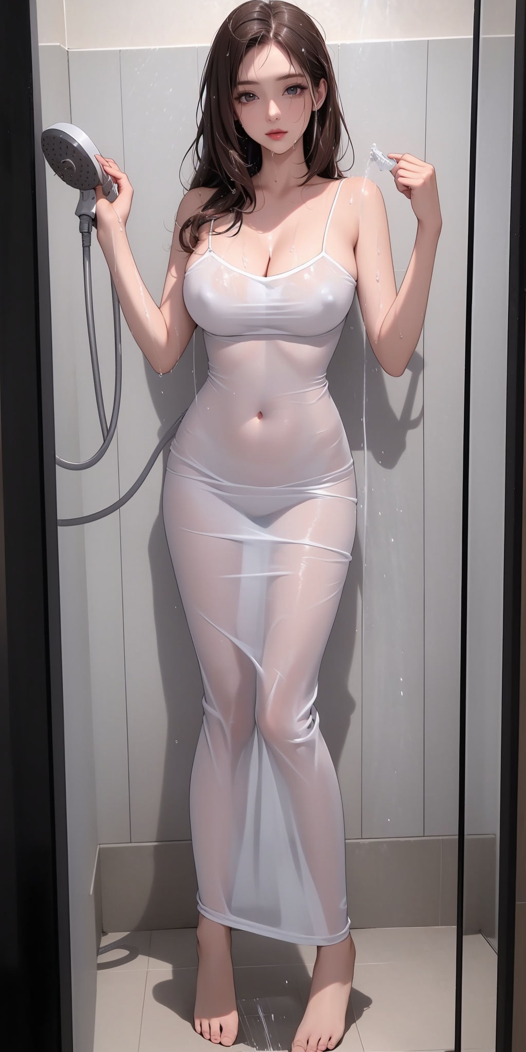 1girl,solo,perfect face,look at viewer,standing,large breasts,cleavage,covered nipples,spaghetti strap,white dress,see-through,see-through silhouette,covered navel,barefoot,showering,shower head,water,wet clothes,wet dress,bathroom,masterpiece,best quality,highly detailed,