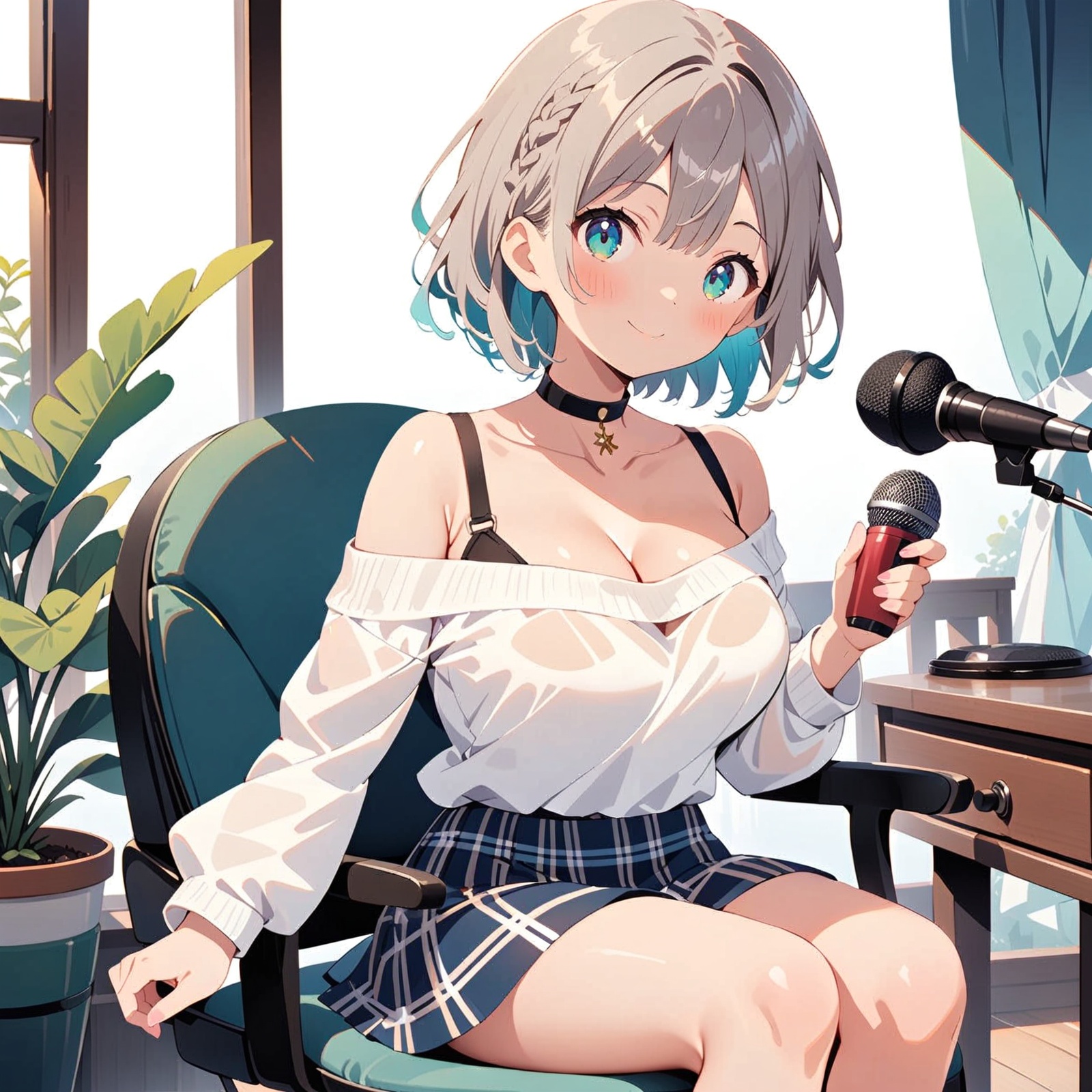masterpiece,best quality,high quality,(colorful),[Artist miwano rag],[Artist chen bin],Artist torino aqua, 1girl, shirogane noel (casual), shirogane noel, solo, breasts, grey hair, virtual youtuber, green eyes, holding, sweater, skirt, large breasts, looking at viewer, sitting, chair, plaid, choker, plaid skirt, plant, braid, cleavage, short hair, indoors, off-shoulder sweater, white sweater, official alternate hairstyle, blush, glasses, off shoulder, wavy hair, headphones, smile, potted plant, microphone, official alternate costume, collarbone, bare shoulders, black choker, unworn eyewear, long sleeves, ribbon, collar, swivel chair