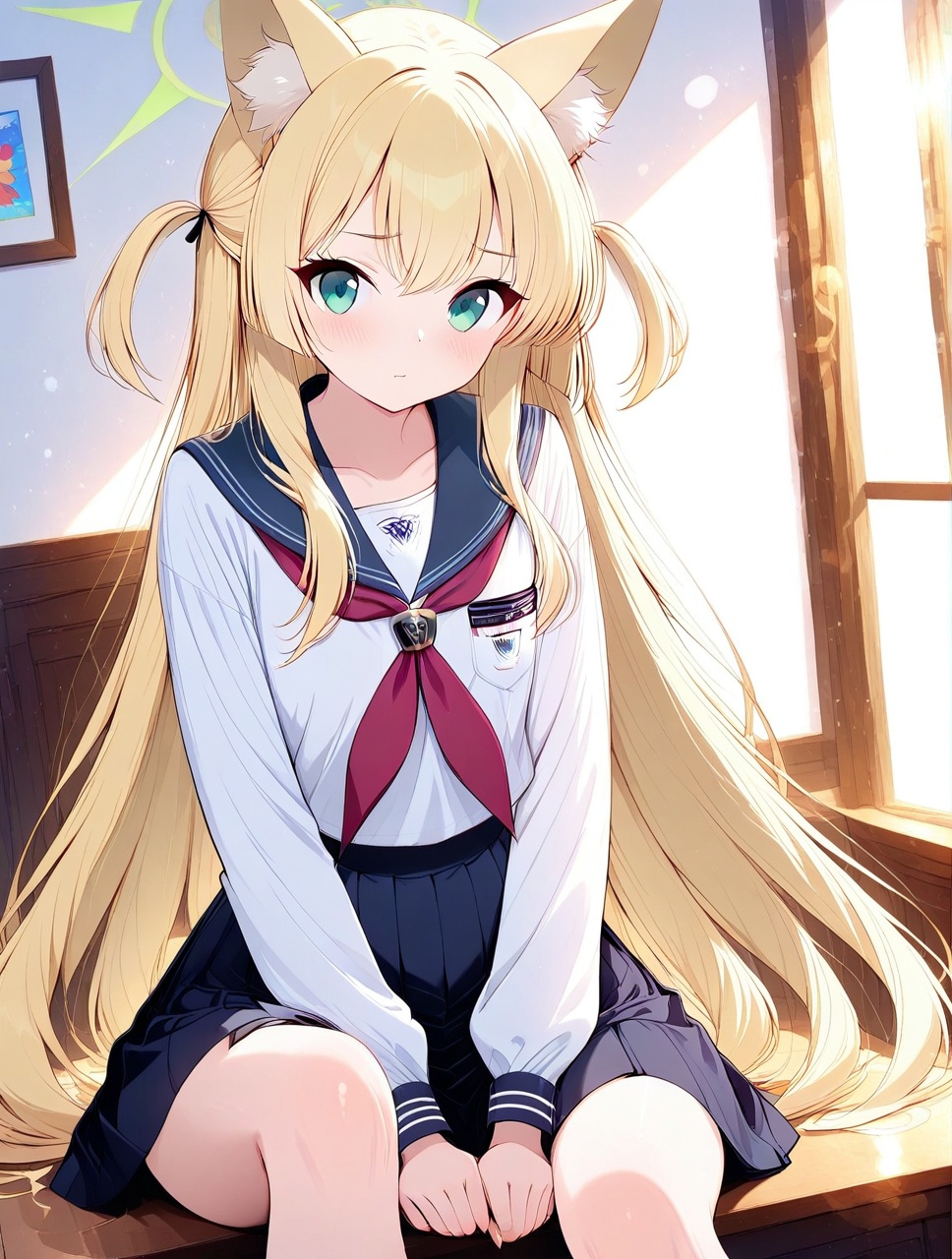 O,ultra detailed anime texture,Kurumi(blue archive),Kurumi(blue archive),1girl, solo, animal ears, blonde hair, skirt, long hair, school uniform, white background, green eyes, hand between legs, simple background, between legs, sailor collar, looking at viewer, serafuku, red neckerchief, neckerchief, sitting, long sleeves, animal ear fluff, blue skirt, pleated skirt, blush, white shirt, shirt, bangs, feet out of frame, fox ears, blue sailor collar, hand to own mouth, very long hair, hair between eyes, hand up,(aesthetics),masterpiece,best quality,ultra high definition,32K resolution,clear focus,delicate details,high-end texture,fashion photography,film perspective,rich colors,color palette,advertising style,tension composition,masterpiece,mild atmosphere,latest,dynamic Dutch perspective,transparent composition,magazine cover,cover,