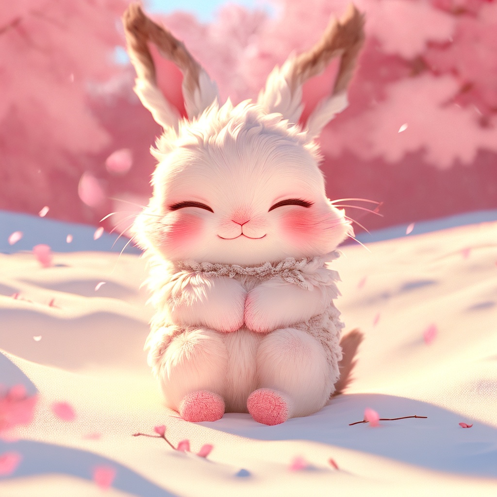 maotu, rabbit, rabbit focus, soft lighting, white fur, whimsy and dramatic lighting, warm colors, mf-movie-filter, cc-color-correction, cute, whiskers, :3, ^ ^, light particles, sunlight, no humans, closed eyes, solo, fluffy, blush, outdoors, closed mouth, smile, petals, sitting, facing viewer, blurry, full body, blurry background, happy, snow, cherry blossoms, simple background, day,<lora:maotu_v1:0.8>,