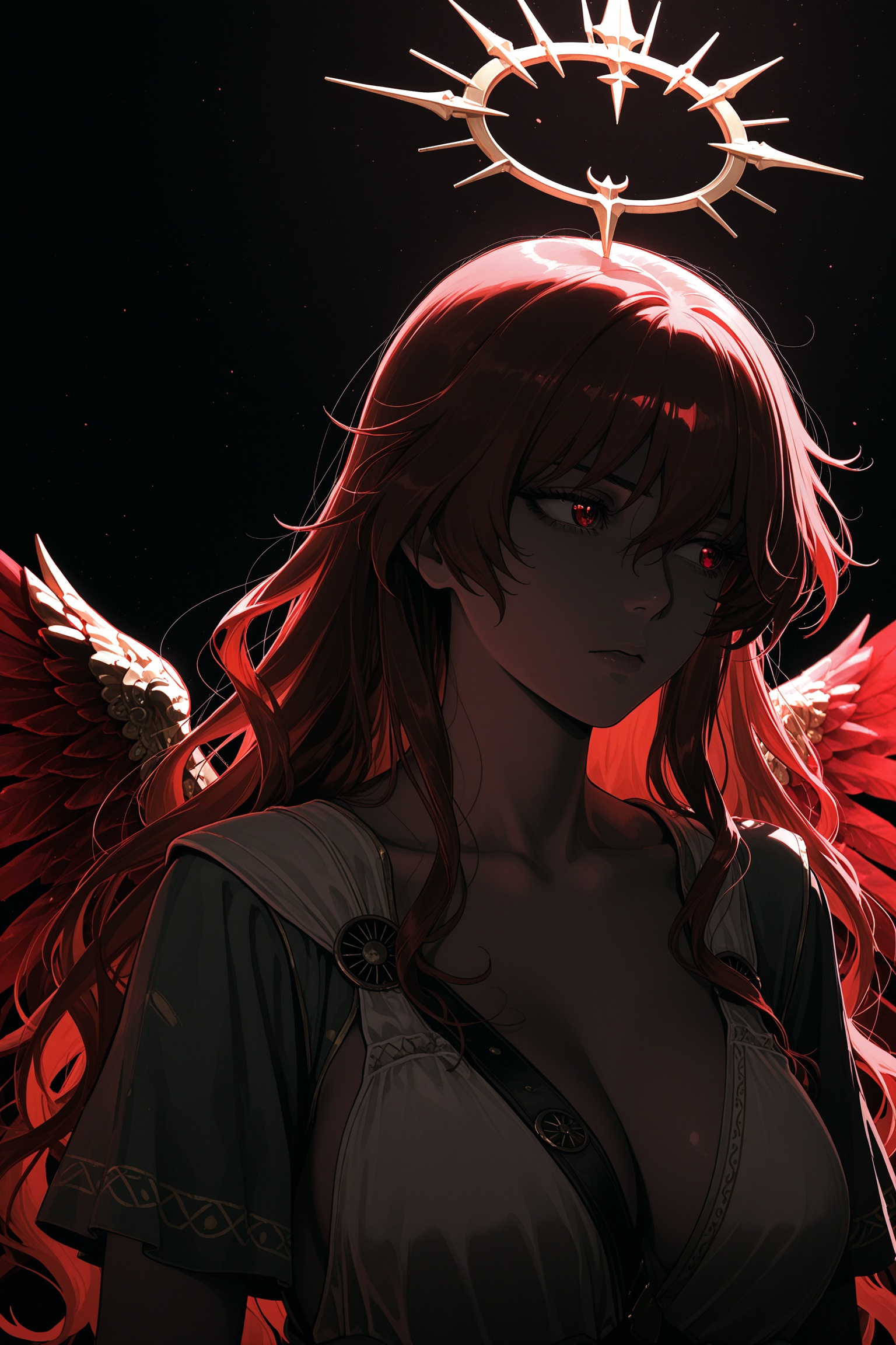 1girl,augusta \(wuthering waves\),anime coloring,a pink gold angel halo realism,darkly romantic illustrations,black and red,red wings,i can't believe how beautiful this is,sideways glance,dark theme,simple background,black background,black theme,masterpiece,highres,greatscore,absurdres,soft_lighting,high_fantasy,delicate_lineart,soft_shading,muted_colors,ethereal_atmosphere,