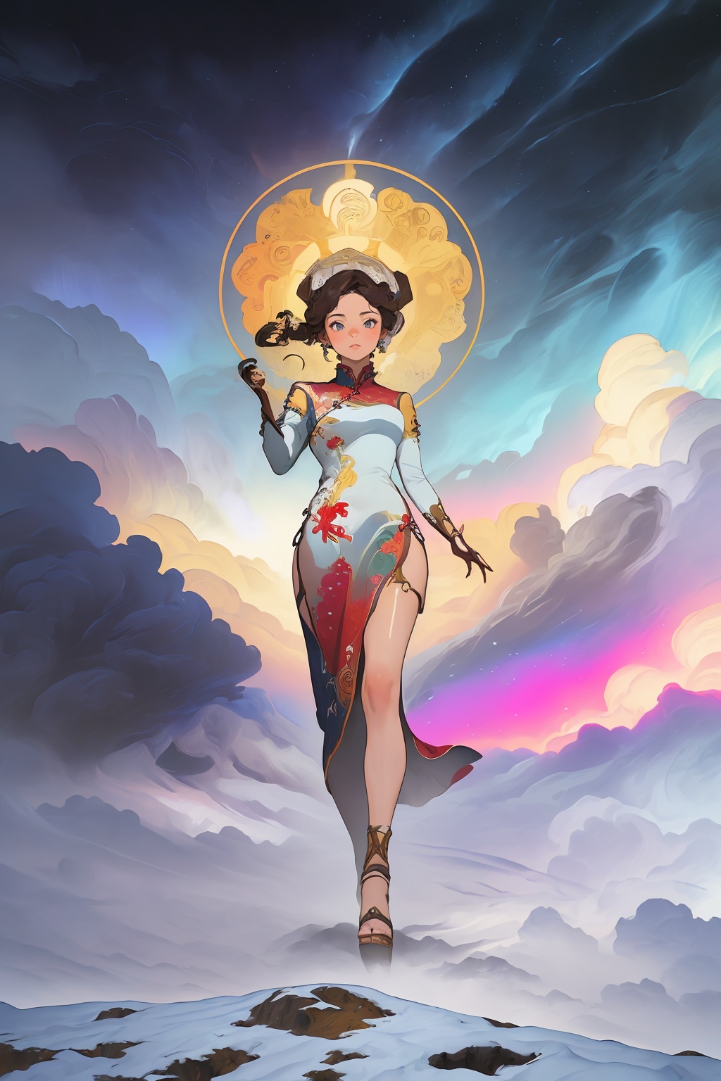 realistic, (masterpiece, top quality, best quality, official art, beautiful and aesthetic:1.2), extremely detailed, fractal art, colorful, highest detailed, zentangle, dynamic angle, (1girl:1.8), china dress, beautiful face, alphonse mucha, ancient architecture, winter, ice field, iplum blossom, snow mountain, cloud, atmospheric perspective, panorama, perspective,<lora:KKhoutu-000002:0.7>