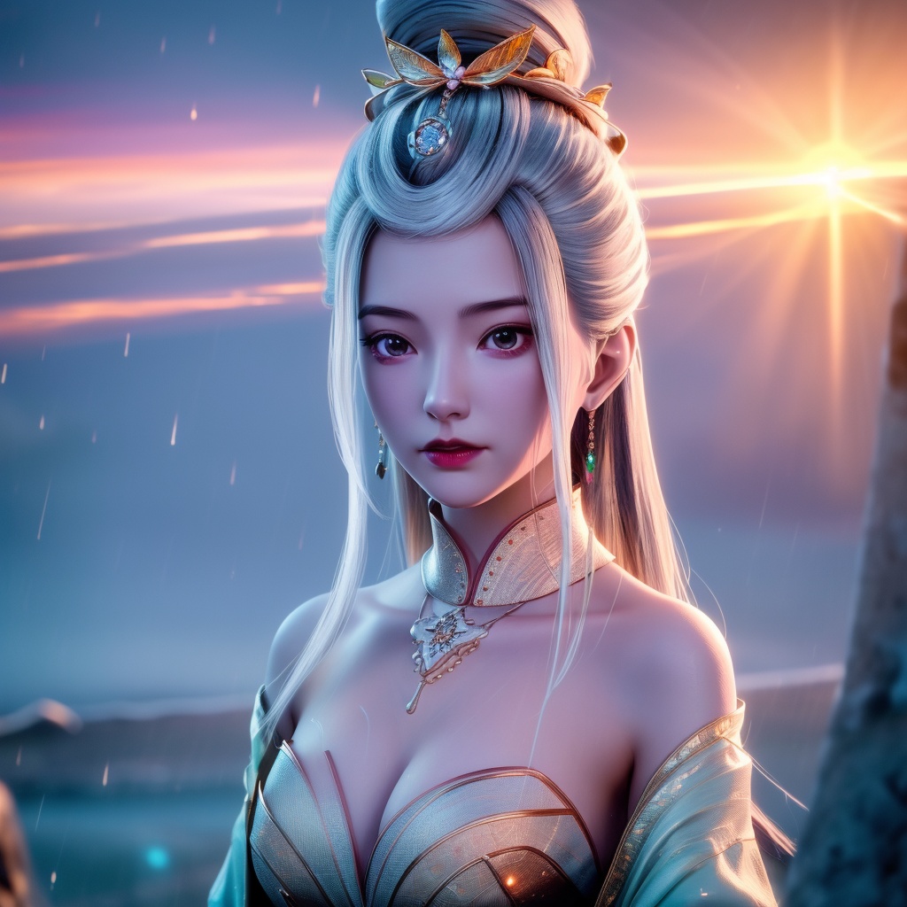 <lora:769-DA-念无双-韩女:0.8>, (,1girl, ,best quality, ),looking at viewer,  ,,ultra detailed 8k cg, ultra detailed background ,ultra realistic 8k cg,          cinematic lighting, cinematic bloom, (( , )),,  , unreal, science fiction,  luxury, jewelry, diamond, pearl, gem, sapphire, ruby, emerald, intricate detail, delicate pattern, charming, alluring, seductive, erotic, enchanting, hair ornament, necklace, earrings, bracelet, armlet,halo,masterpiece, (( , )),, realistic,science fiction,mole,   ,cherry blossoms,,(((Best quality, masterpiece, ultra high res, (photorealistic:1.4), raw photo, 1girl, ,rain, , sunlight, sunset, qianqiu wanxia,     )))  (cleavage),,  (),