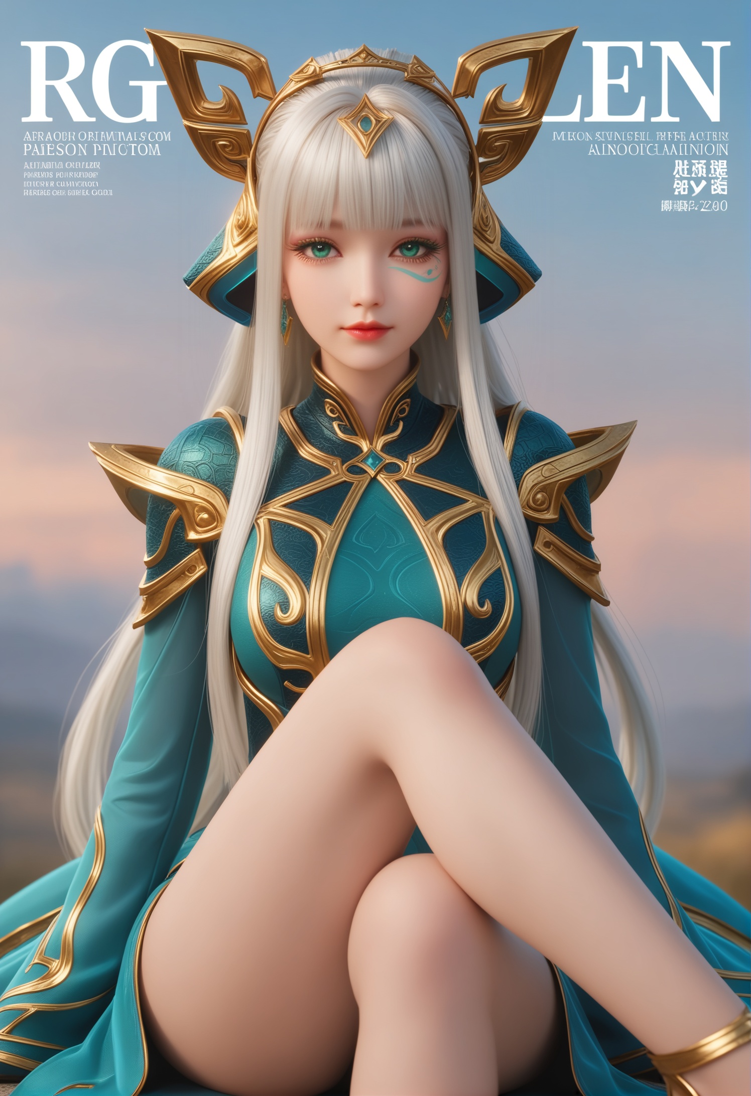 score_9,score_8_up,score_7_up,1girl,solo,sitting,(crossed_legs:1.3),(long_legs:1.1),1girl,solo,realistic,dress,bodysuit,blue dress,gold trim,armor,shoulder armor,wide sleeves,sleeves past wrists,sleeves past fingers,long sleeves,thighhighs,realistic,jewelry,tiara,headdress,earrings,headpiece,hair ornament,hair rings,1girl,solo,realistic,(mature face:1.2),big eye,(pale_skin:1.1),shiny_skin,slender face,long hair,blunt bangs,sidelocks,green eyes,facial tattoo,facial mark,blue eyes,long eyelashes,eyelashes,lips,makeup,eyeshadow,green eyeshadow,white hair,red lips,closed mouth,realistic,gradient,(grey_background:1.2),gradient_background,(magazine cover theme:0.75),transparent_background,simple background,depth of field,depth_of_field,night,realistic,solid background,simple background,(magazine cover theme:0.95),<lora:小巳-少司源-巫礼祀神pony:0.85>,