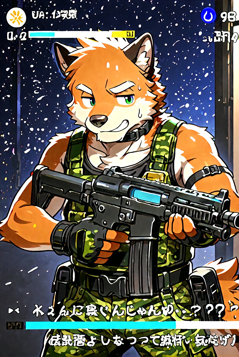 furry,1boy,random action,game ui,status_bar,<lora:electronic game style（涂鸦工坊α）:0.6>,