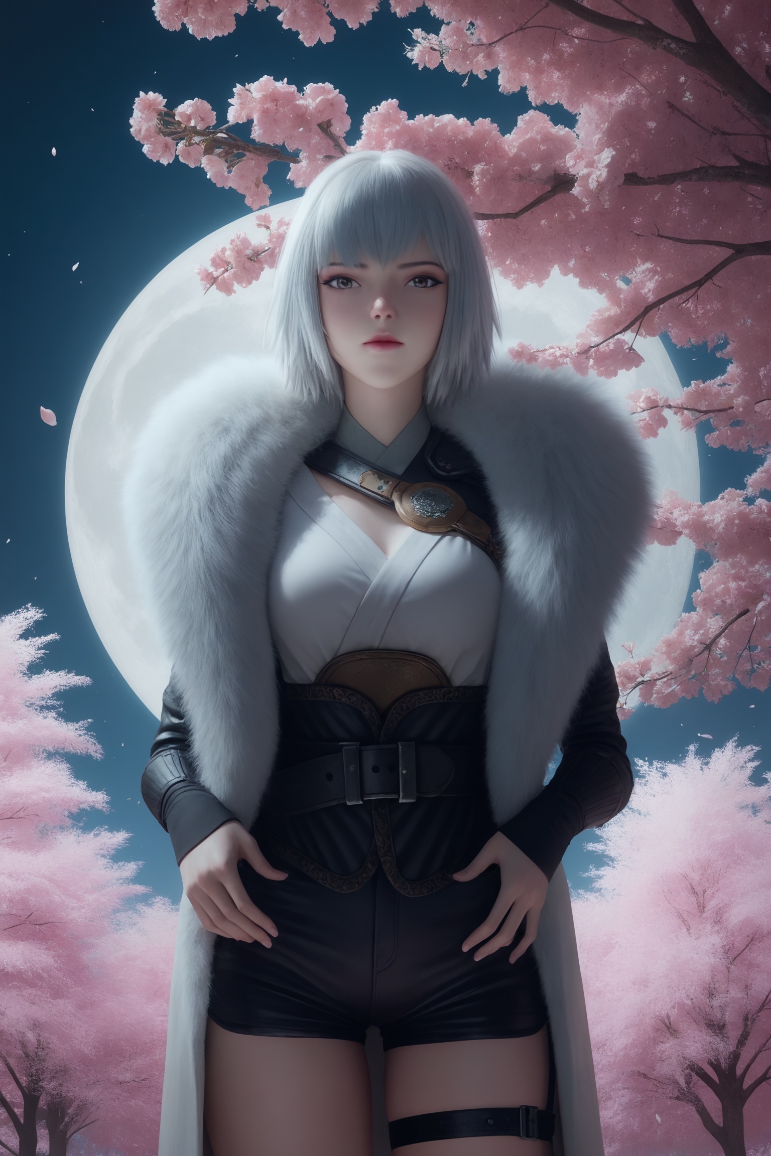 masterpiece,best quality,solo,1girl,upper body,petals,looking at viewer,moon,branch,cherry blossoms,flower,extreme aesthetic,(quasarcake:0.7),masterpiece,best quality,good quality,newest,very aesthetic,absurdres,A shot with tension,(Visual impact,giving the poster a dynamic and visually striking appearance:1.2),impactful picture,offcial art,colorful,splash of color,movie perspective,photo realistic,masterpiece,best quality,soft glow,skin texture,<lora:灵笼-白月魁IL:0.7>,1girl,short,platinum white hair,a luxurious,fur-lined coat with a brown leather belt cinched at the waist,white blouse underneath,black leather shorts,thigh-high garters.,