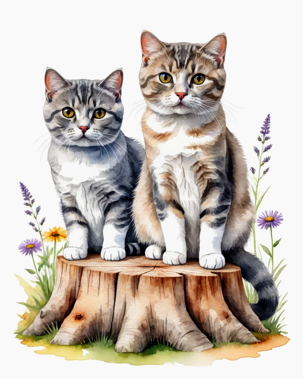 two cute happy playful Scottish Fold cat friends with grey contour sitting close on a tree stump,  colorful wildflowers at...