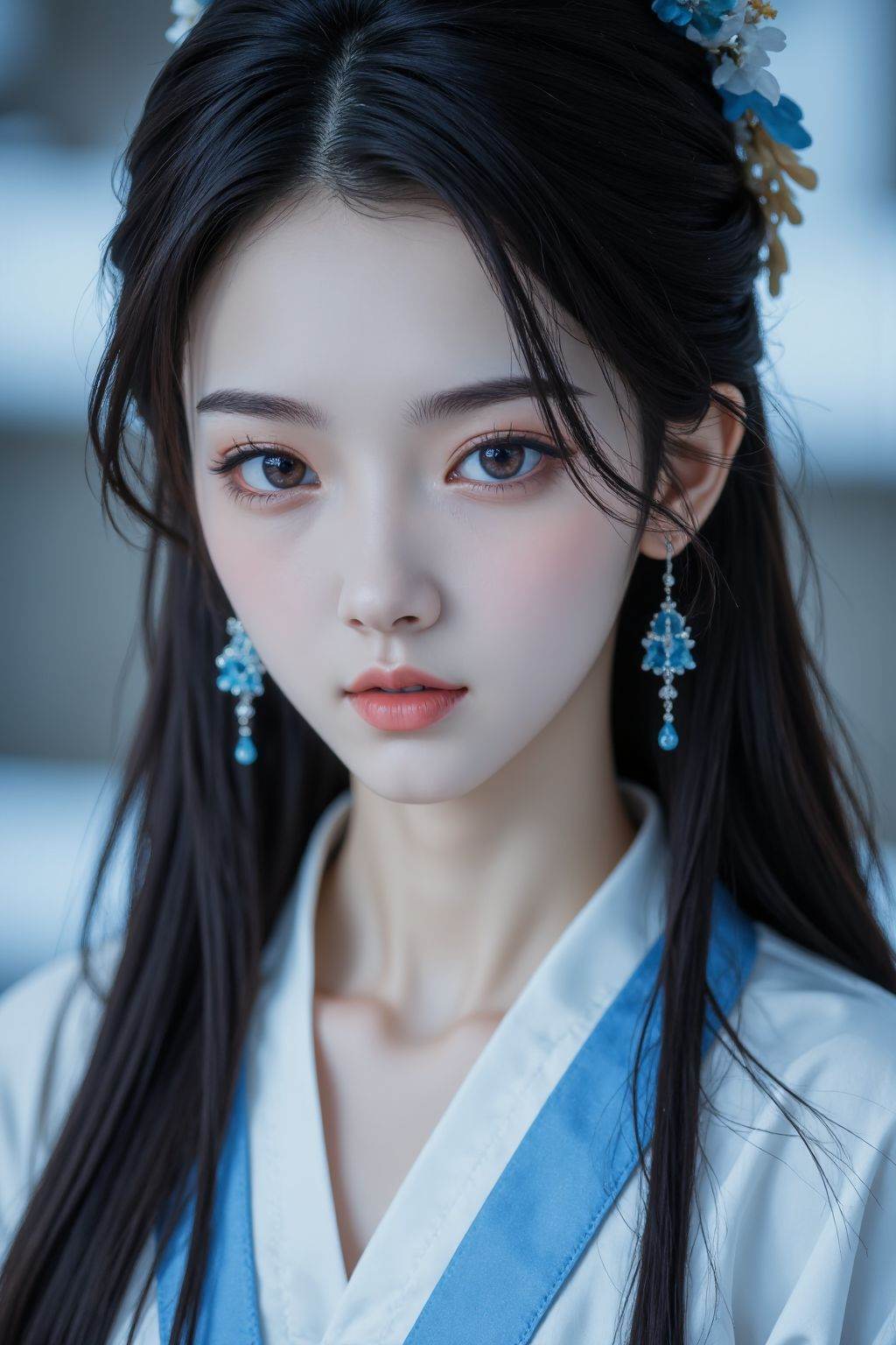 Cinematic photo a photograph of a woman with fair skin and long black hair,blue and white hanfu,