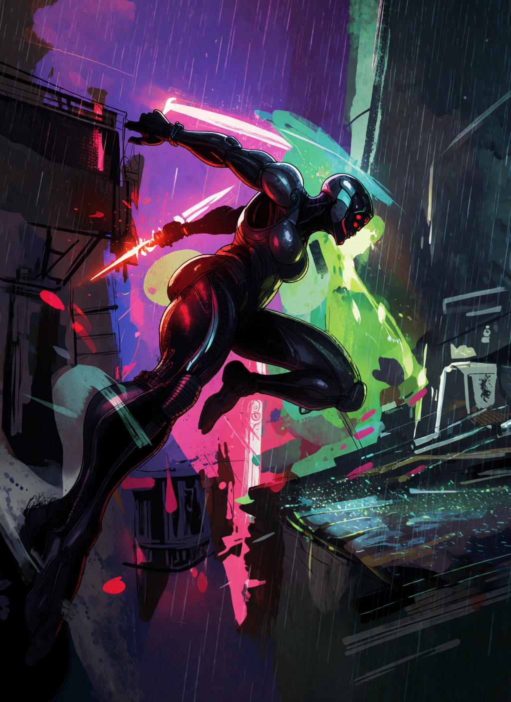 Dynamic graphic novel illustration in the distinct mixed-media art style of Greg Tocchini. A agile cybernetic assassin cla...