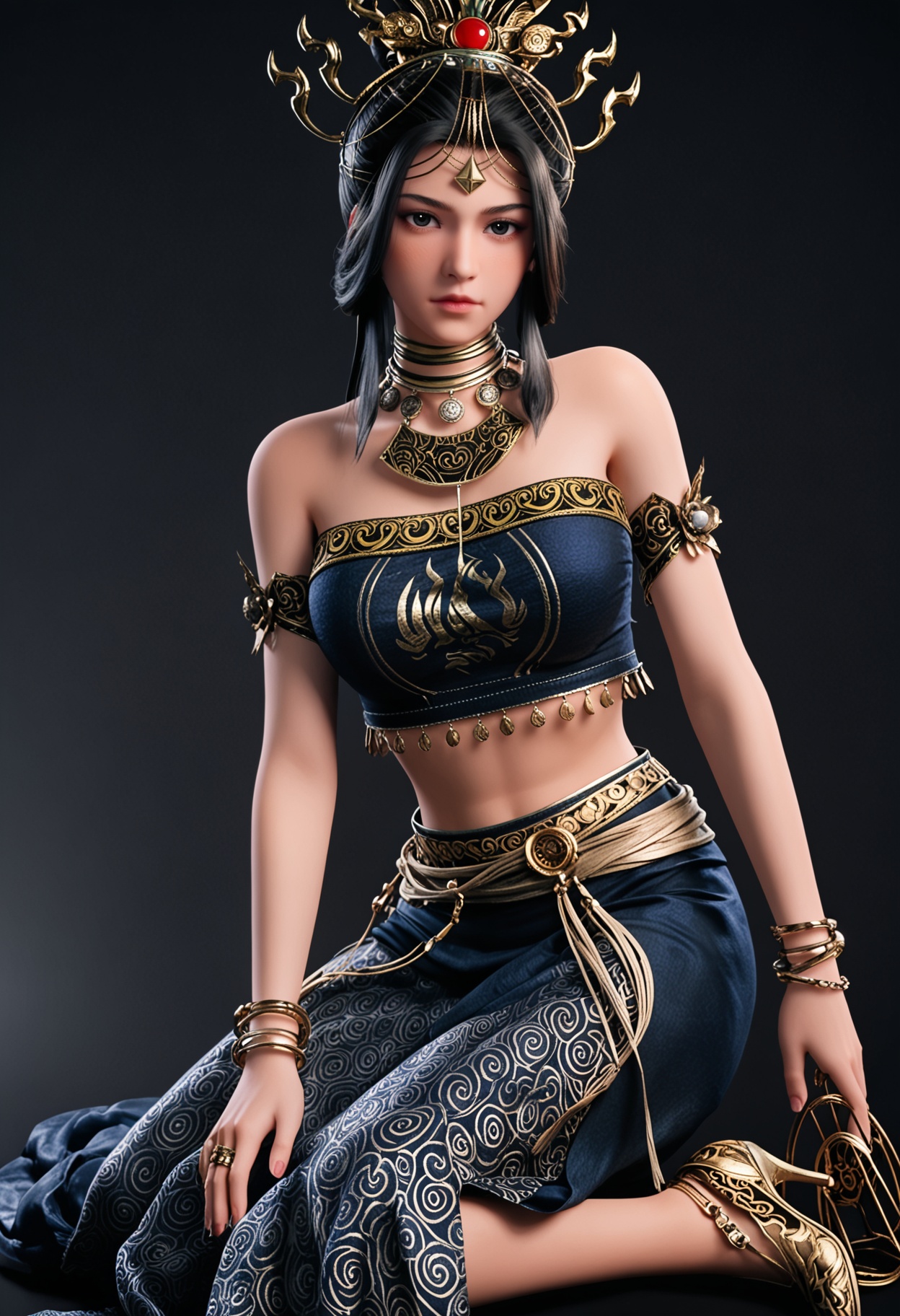 score_9,looking_at_viewer,upper body,(large breasts:0.8),1girl,solo,black hair,black eyes,jewelry,bare shoulders,hair ornament,realistic,necklace,closed mouth,lips,midriff,bracelet,hair bun,strapless,dress,long hair,tube top,skirt,high heels,(simple background,pure black background,black background:1.1),perfect_anatomy,<lora:QQSponyhfdiaochanV1:0.8>,