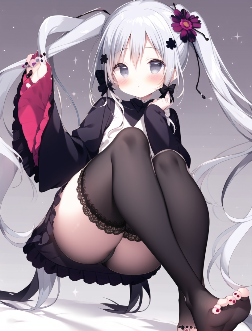 1girl,solo,foot focus,hair ornament,soles,toes,butterfly,feet,no shoes,nail polish,foreshortening,blush,bangs,bug,looking at viewer,gray hair,toeless legwear,toenails,twintails,hair flower,toenail polish,long sleeves,dress,closed mouth,