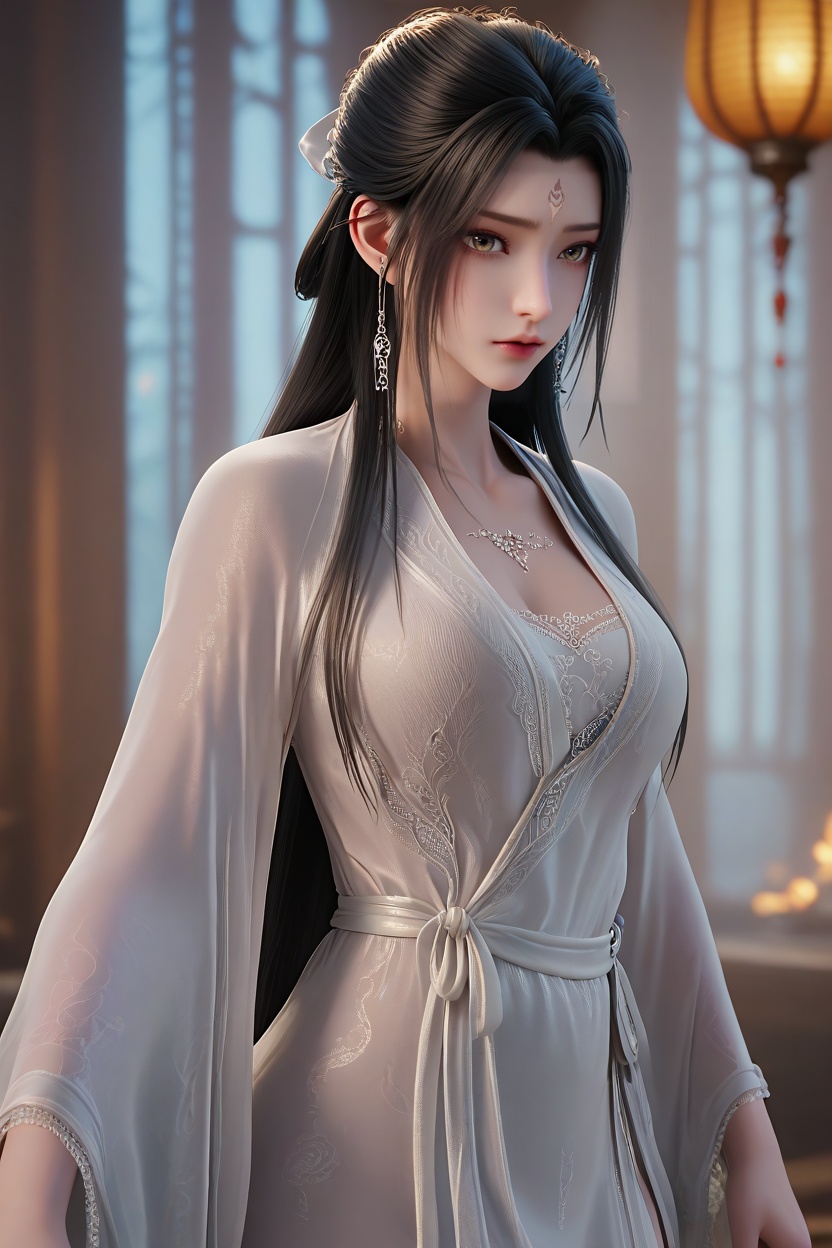 <lora:XL16诛仙陆雪琪单衣:0.95>,miss luxueqi,see-through robe,white hanfu,white lace bandeau,forehead mark,black hair,very long hair,long front strands,(large breasts:1.2),, score_9,score_8_up,score_7_up,score_6_up,score_5_up,score_4_up,3d rendering,tag1,tag2, Cinematic Lighting,backlighting,