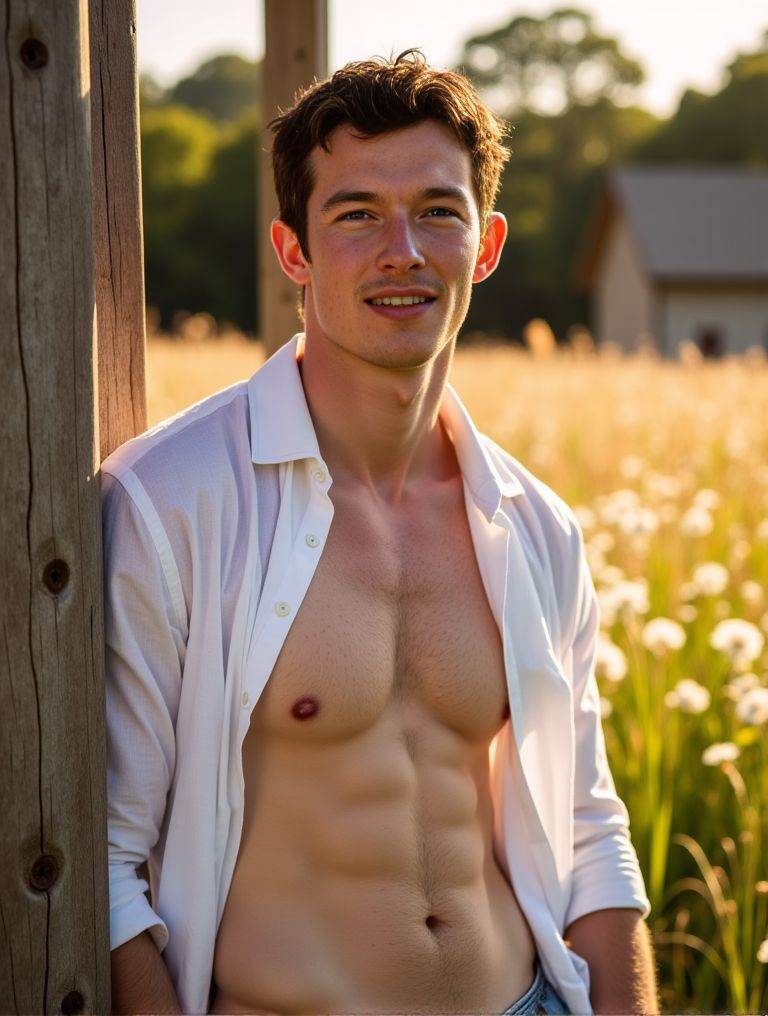 Callum Turner ,  hairy chests and abs. multiple pose positions. light particles. sparkling lights. fireflies. wearing open...