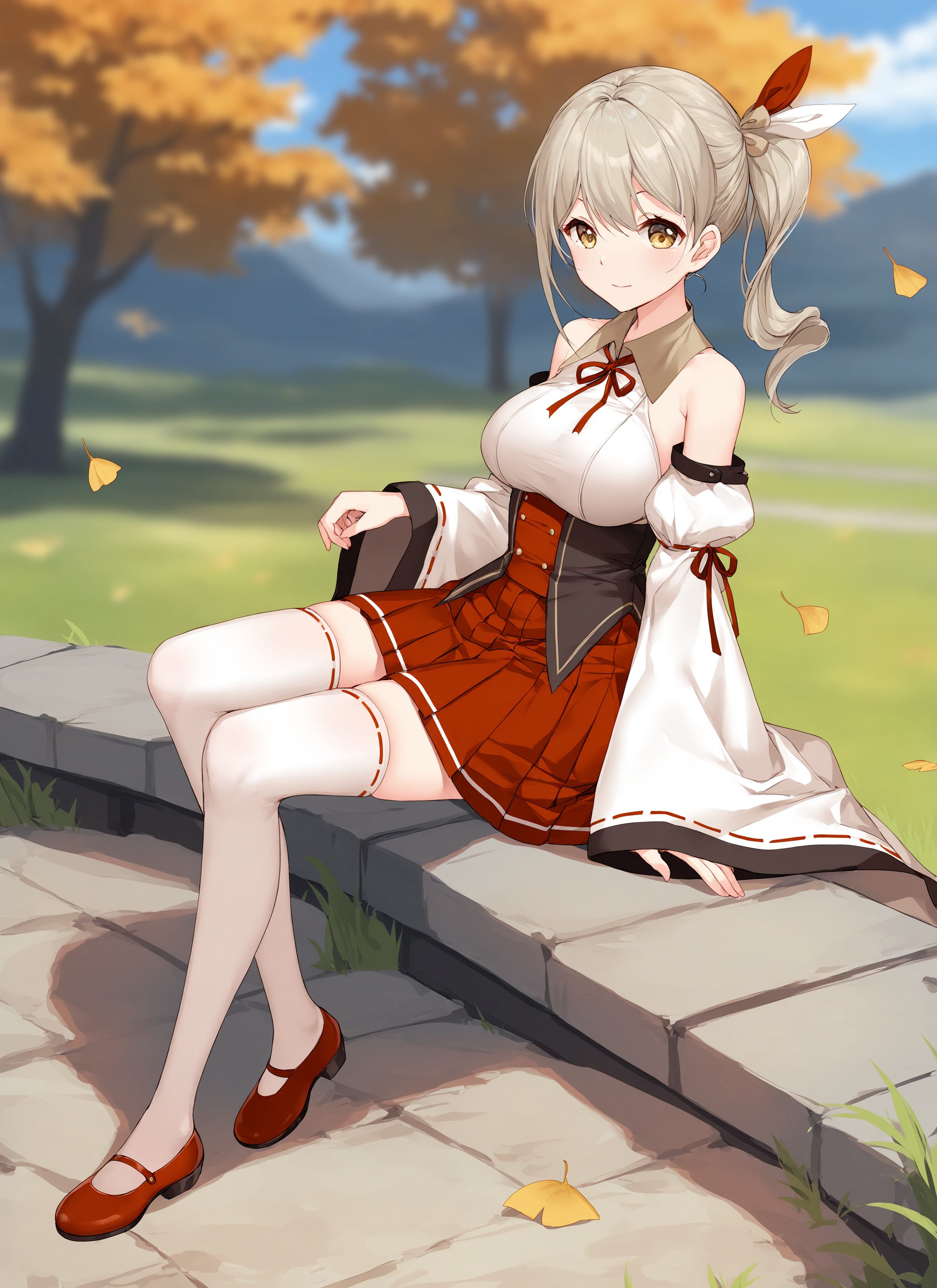 aki rinco, 1girl, solo, thighhighs, side ponytail, detached sleeves, white thighhighs, skirt, looking at viewer, ribbon, long hair, full body, hair ribbon, pleated skirt, breasts, bare shoulders, wide sleeves, red footwear, shoes, closed mouth, zettai ryouiki, medium breasts, red skirt, long sleeves, red ribbon, outdoors, sitting, official art,depth of field,best quality,amazing quality,very aesthetic,absurdres,beast quality,masterpiece,ultra detailed, newest,8K,HDR,<lora:AkiRinco_noob0.77_v4:1.1>, 