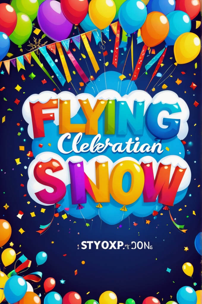 A celebration image with the text "Flying Snow XL" at the center surrounded by colorful party decorations. festive, celebration, party, balloons, confetti, streamers, holiday, greeting, cheerful, bright colors, typography, celebration decorations, greeting