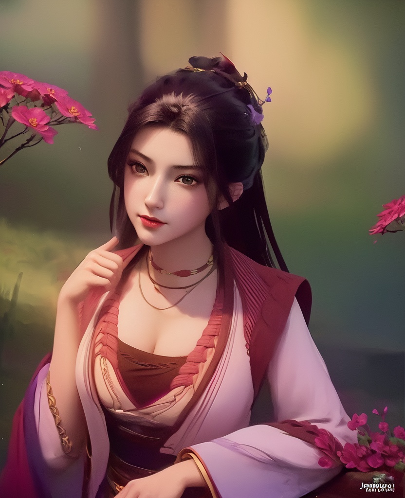 <lora:547-DA-诛仙-肖欢:0.8>(,1girl, ,best quality, ),looking at viewer,,anime,(masterpiece, top quality, best quality, official art, beautiful and aesthetic:1.2), (1girl)	, , (cleavage),extreme detailed,(fractal art:1.3),colorful, flowers ,highest detailed,(by Jeremy Lipking)    (cleavage), (),